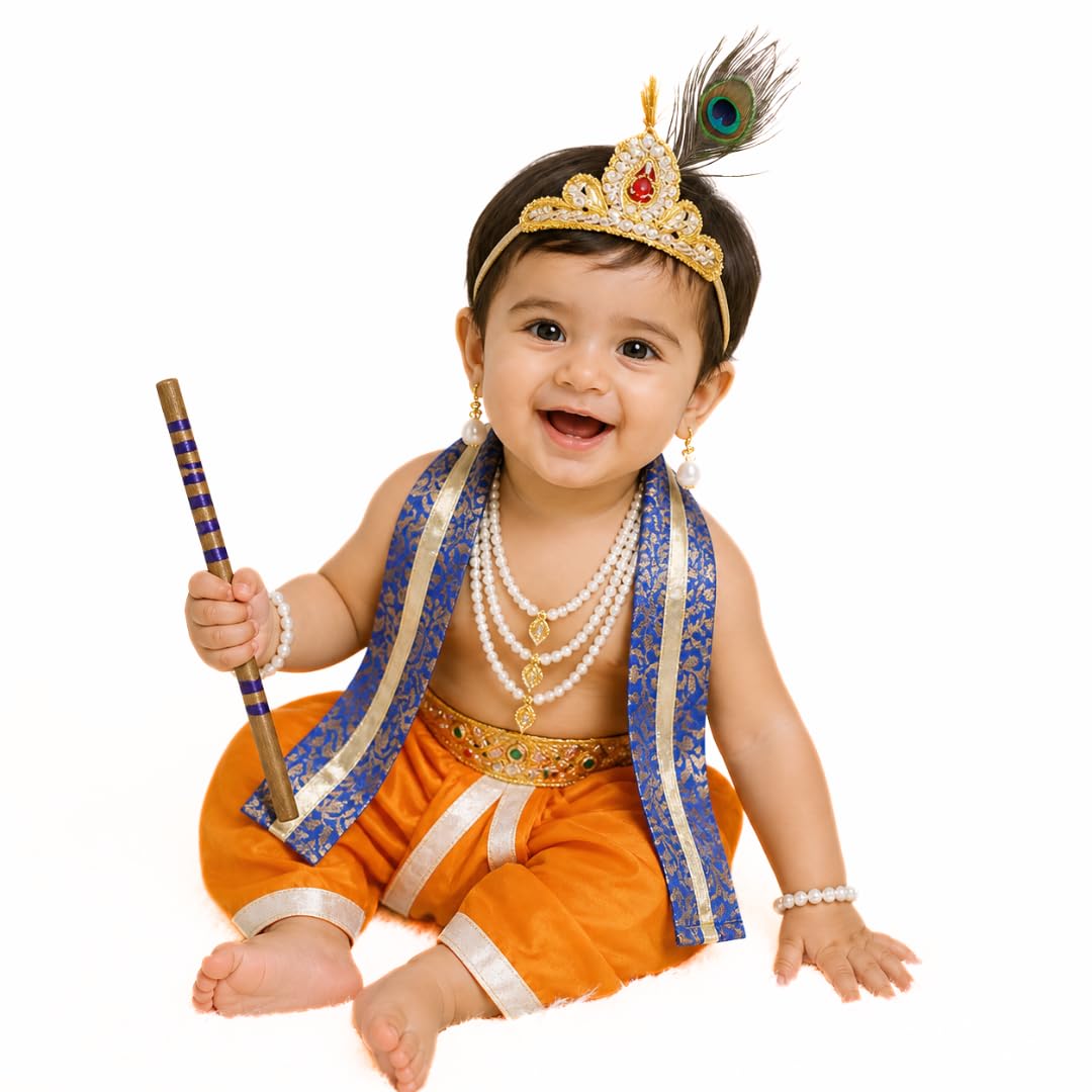 ITSMYCOSTUME Krishna Dress for Baby Boy Kids Set of 10(Dhoti,Patka,Hip Cover,Mukut,Morpankh,Bansuri,Kamarband,Bajuband,Kundal) Little Krishna Ji Kanha Janmasthmi Costume for Kids image 2