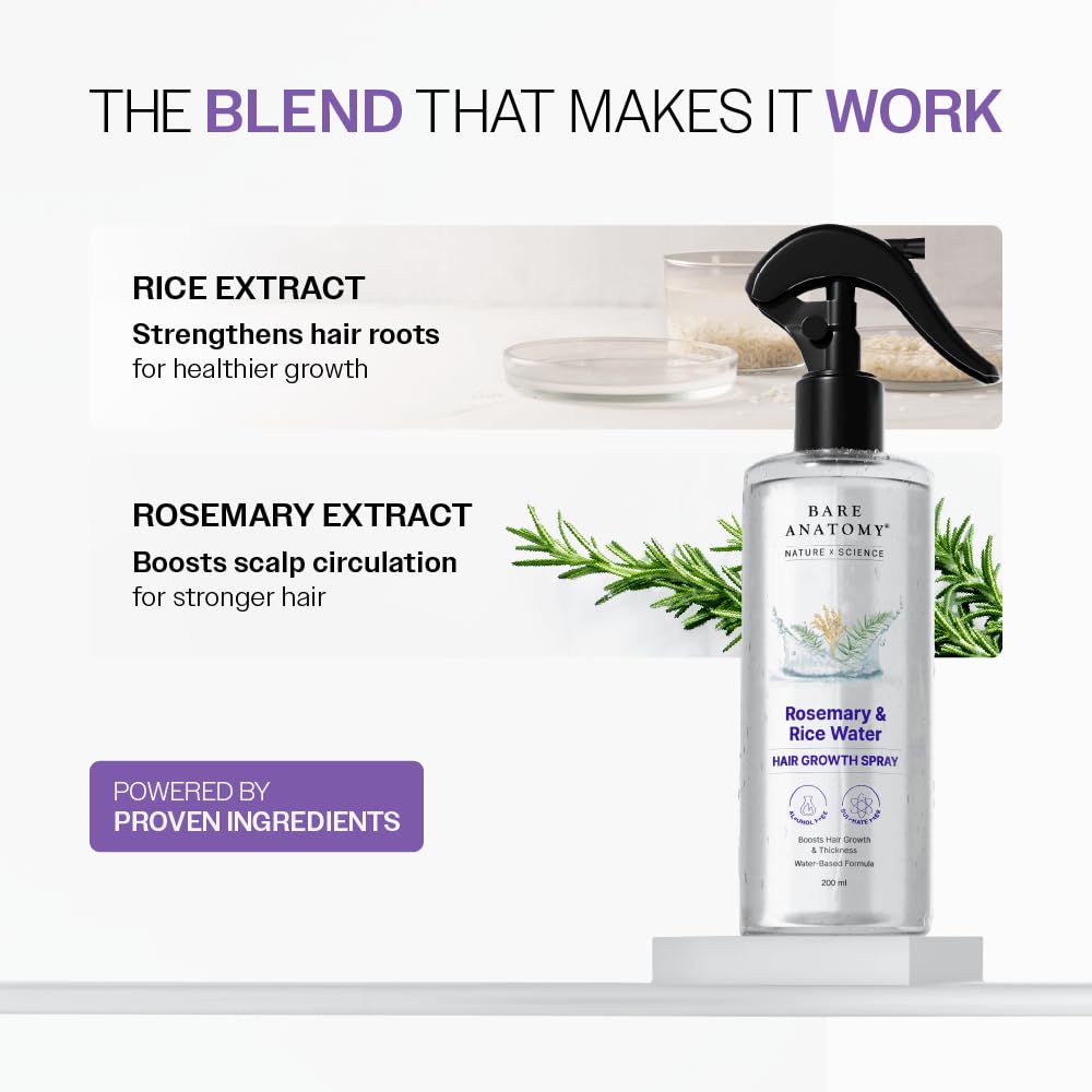 Bare Anatomy Nature x Science Rosemary Water Spray for Hair Growth & Hair Thickness with Rice Water | 100% Natural Extract | Soft & Smooth Hair | Controls Hairfall & Adds Shine | Non-Greasy & Fast Absorbing | 200 ml image 4