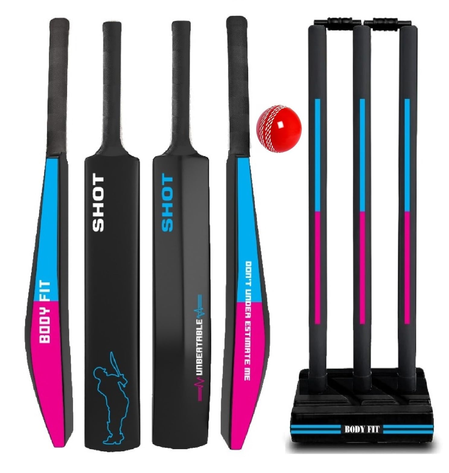 Bodyfit Heavy Duty Plastic Premium Cricket Kit Set | Lightweight| Full Size| | Hard Plastic Bat| Premium Cricket Wicket Set l 3 Stumps+2 Bails+1 Stand Set, 1 Ball. (Black-FBluePnk)