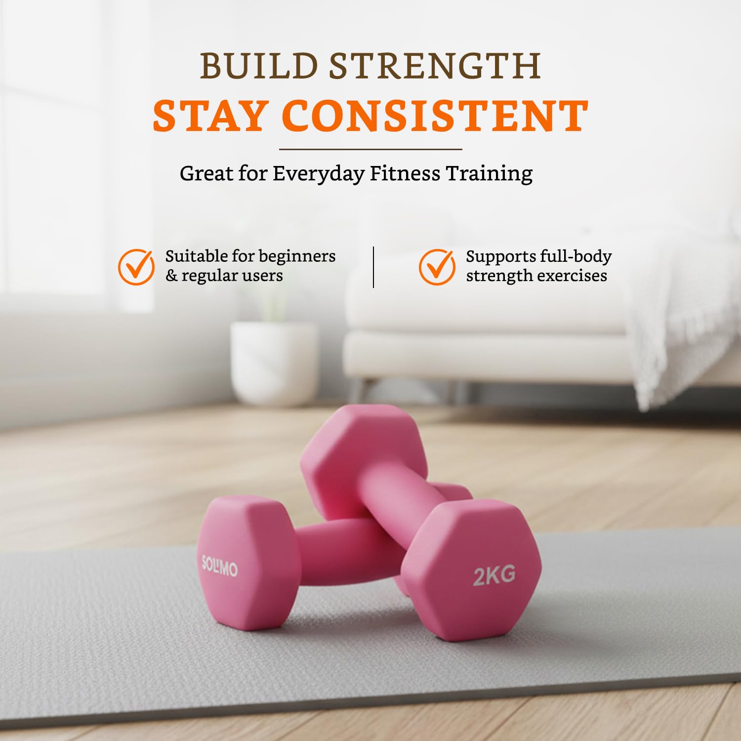 Amazon Brand - Solimo Neoprene Dumbbell 2 kg, Set of 2 (Light Pink) image 2