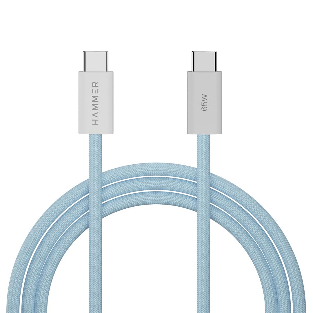 HAMMER Type C to Type C Cable 65W Braided, PD Fast Charging, Data Sync, 1.5 Meter Tangle Free Wire, Compatible with all C-Type Enabled Devices (Blue) image 2