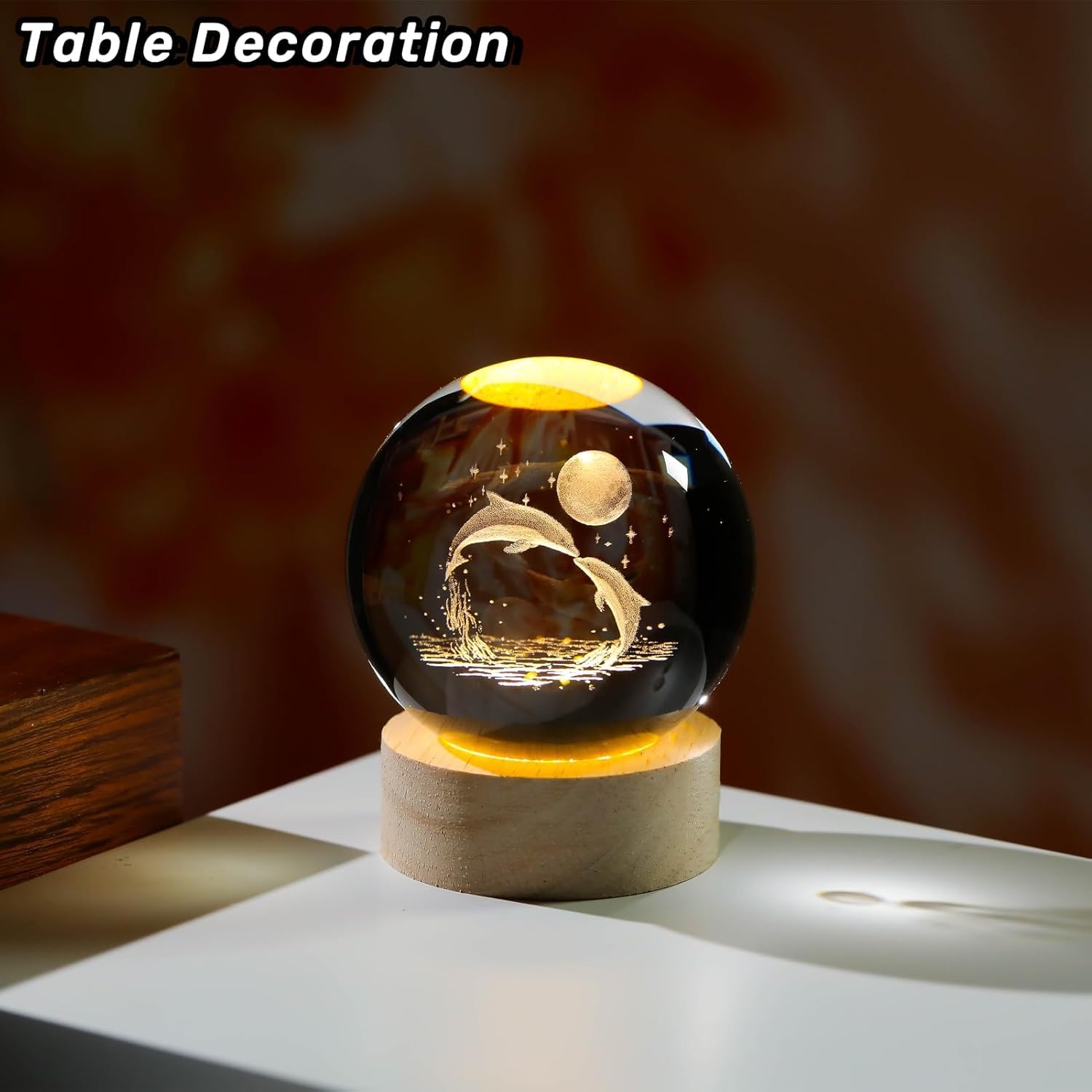 3D Crystal Ball Night Lamp, Creative Engraved Night Light, USB Table LED Wooden Crystal Ball for Home Office Decoration Birthday Gift Adults (Random Design)(Warm White) image 4