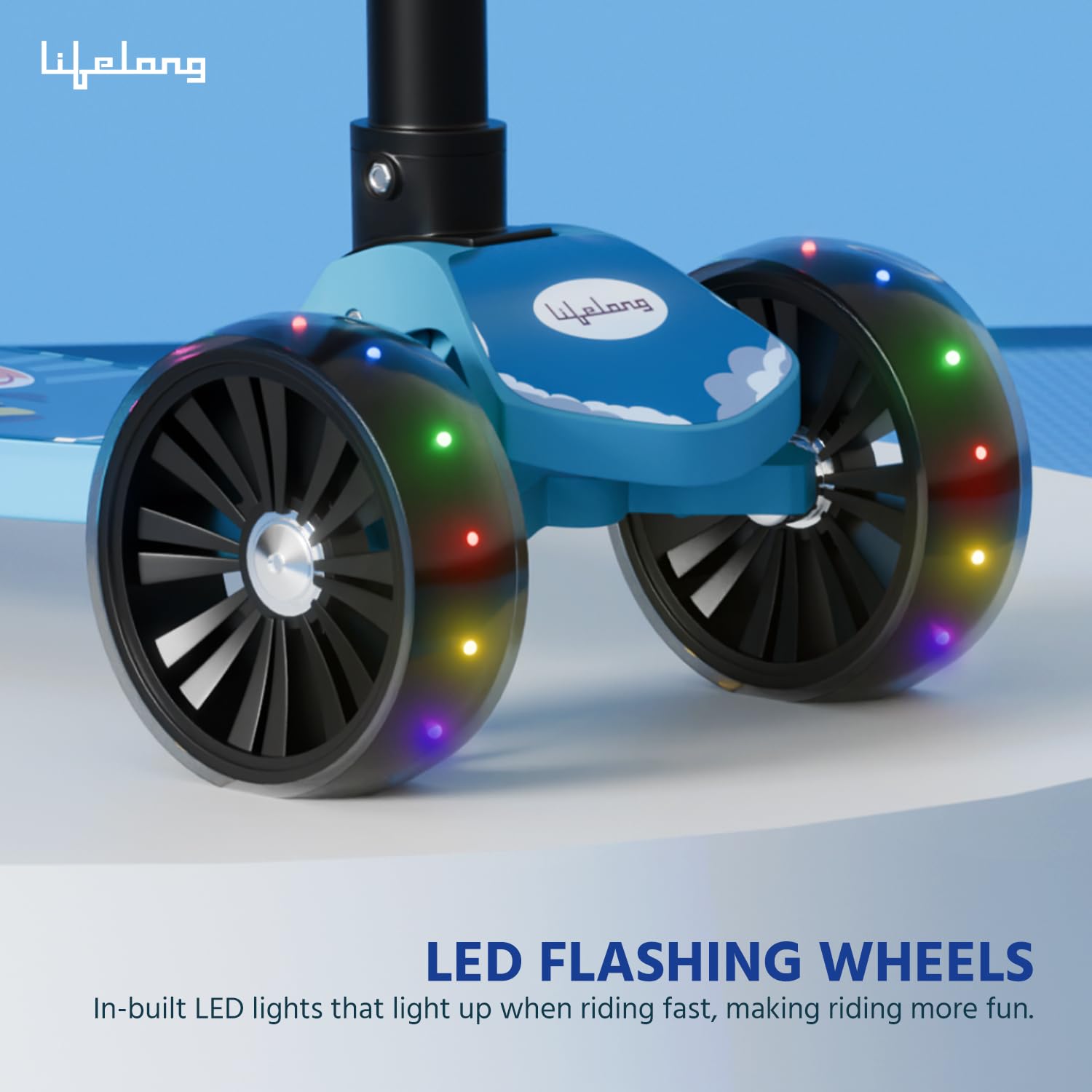 Lifelong Foldable Kids Kick Scooter with LED Wheels & Adjustable Height - Capacity 50kg- for Baby 3+ Year Old boy & Girl - Skate, Blue image 3
