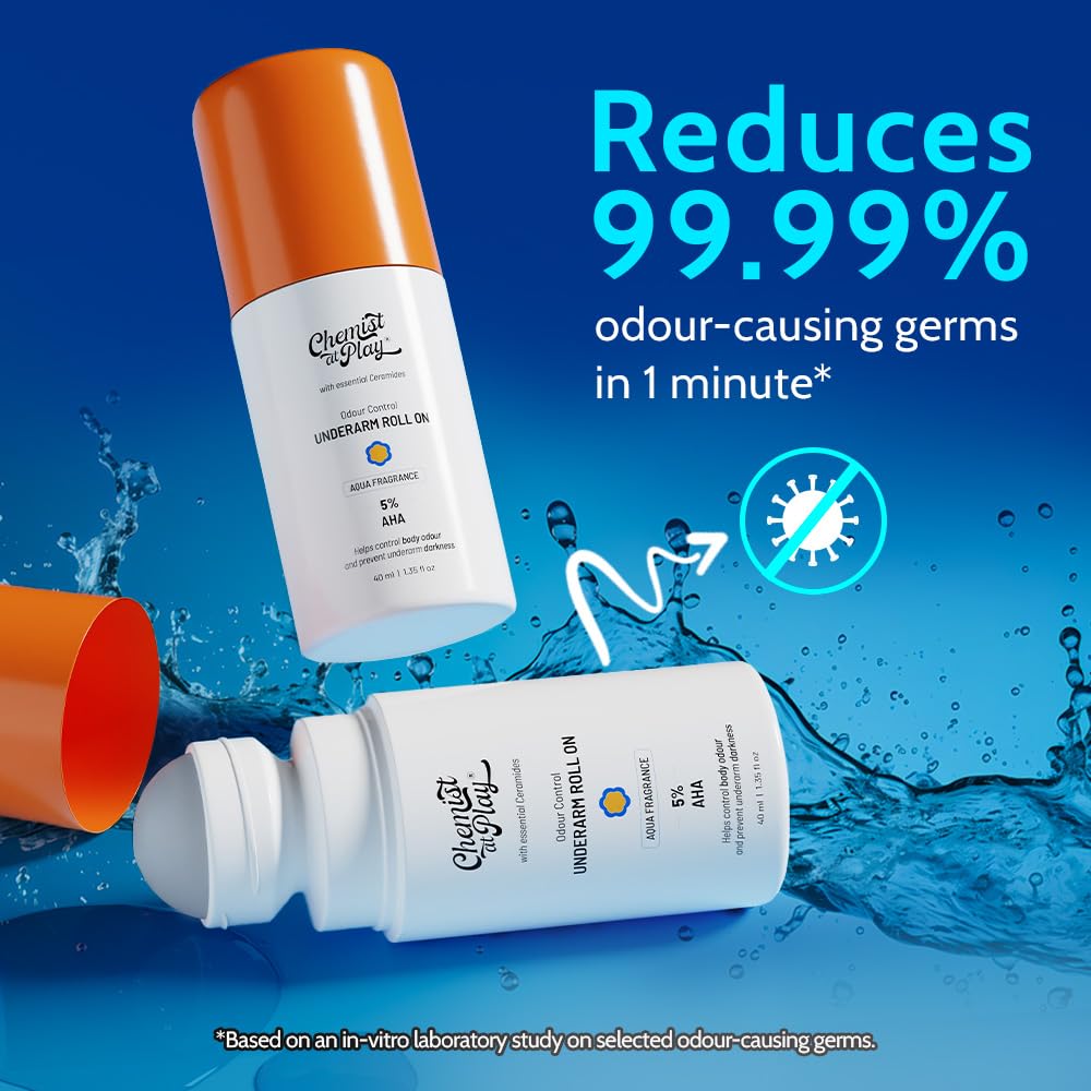 Chemist At Play UnderArm Roll On Deodorant with 5% AHA, Lactic Acid & 1% Mandelic Acid | Prevents Body Odour & Fades Pigmentation |0% Aluminium & 0% Alcohol |For Sensitive Skin | Aqua Fragrance | 40ml image 5