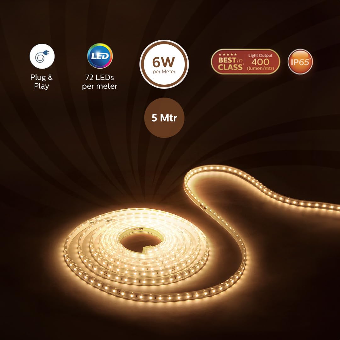 PHILIPS 5 Meter LED Rope Light | Flexishine Plug n Play Flexible Rope Light for Indoor and Outdoor Decorations | Rope Light for False Ceiling,Balcony,Diwali,Christmas | Warm White, Pack of 1 image 2