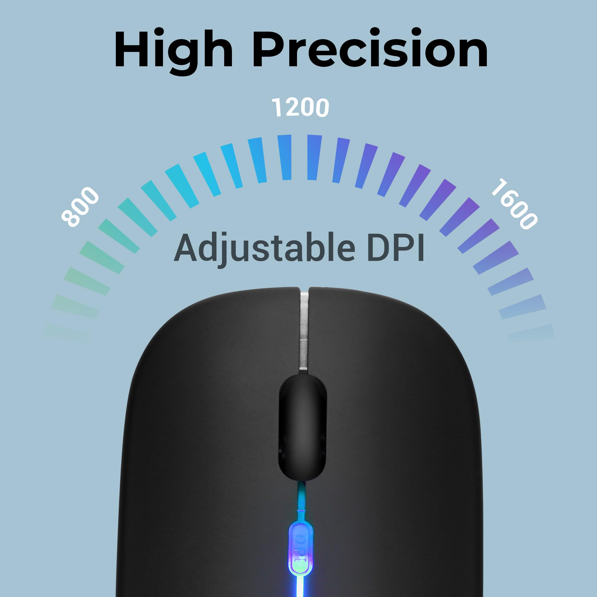 ZEBRONICS Blanc Slim Wireless Mouse with Rechargeable Battery, BT + 2.4GHz, 4 Buttons, 800/1200/1600 DPI, Silent Operation, Multicolor LED Lights image 3