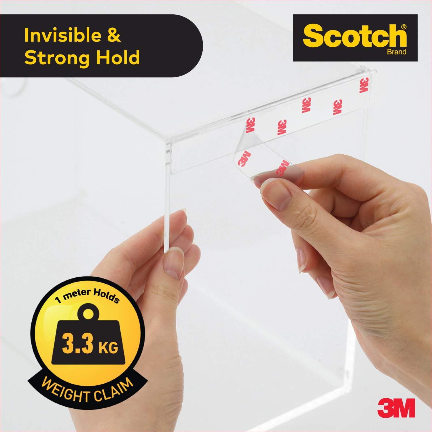 Scotch 3M Clear Double-Sided Tape, 1M Holds 3.3 Kg, Invisible Finish, for indoor hanging applications, works on uneven surfaces, Heavy Duty, Strong Adhesive, (L: 1.5m, W: 19mm), Transparent image 4