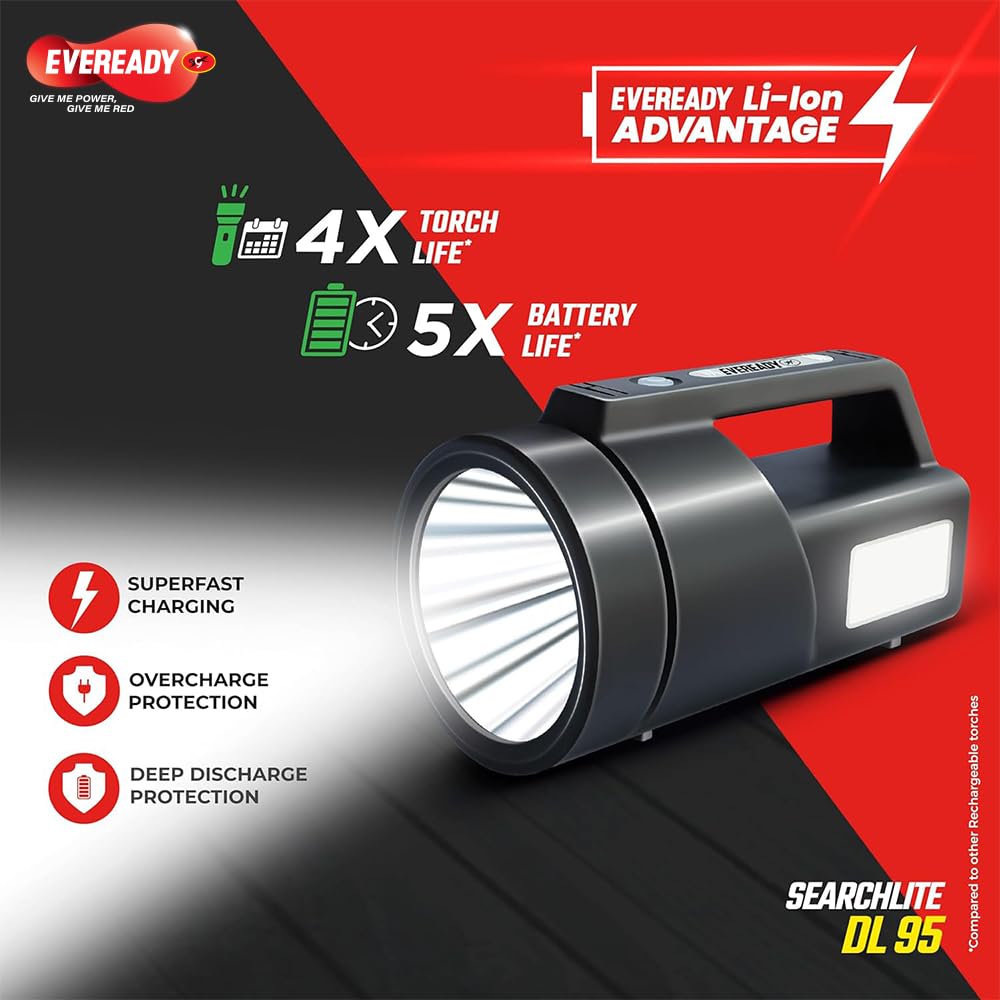 EVEREADY SEARCHLITE DL95, Rechargeable 4W Torch Cum 4W Emergency Sidelight, Type-C USB Fast Charging, Glow-in-THE-Dark Strip, Overcharge & Deep Discharge Protection | Fluorescent image 5
