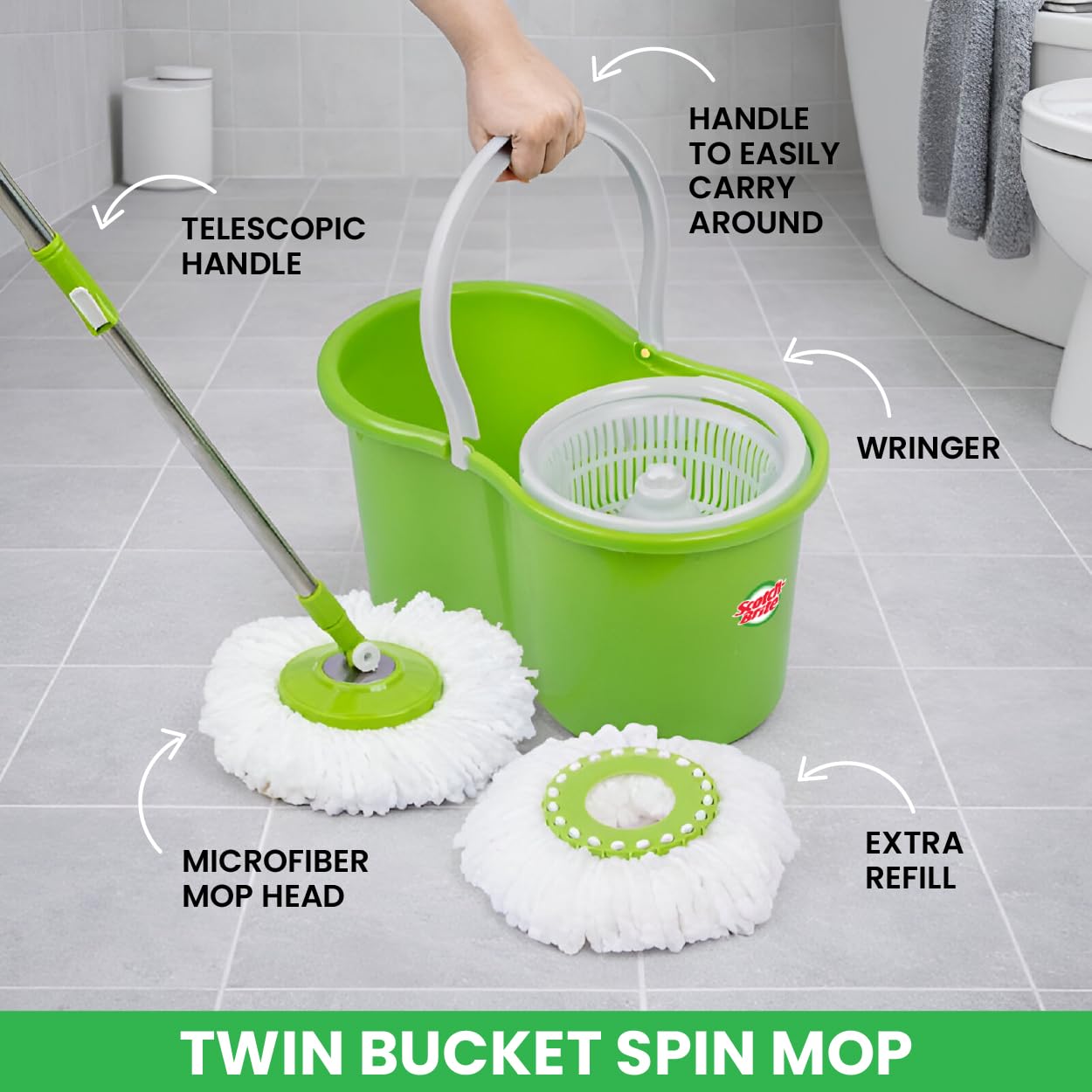 Scotch-Brite Twin Bucket Spin Mop with Easy Wring & Rinse System, 360° Adjustable Handle, High Absorbency Microfiber for Deep Cleaning on All Floor Types, 1 Extra Refill (Green) image 2