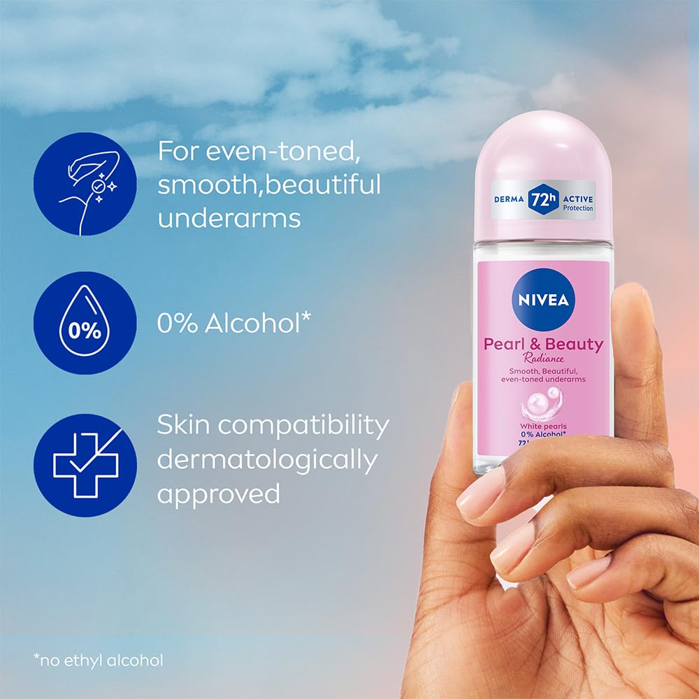 NIVEA Women Pearl & Beauty Radiance Deodorant Roll On | Underarm Deodorant with Pearl Extract & Avocado Oil for Smooth, Beautiful & Even-Toned Underarms | 72H Odour Protection, 0% Alcohol, 50 ml image 5