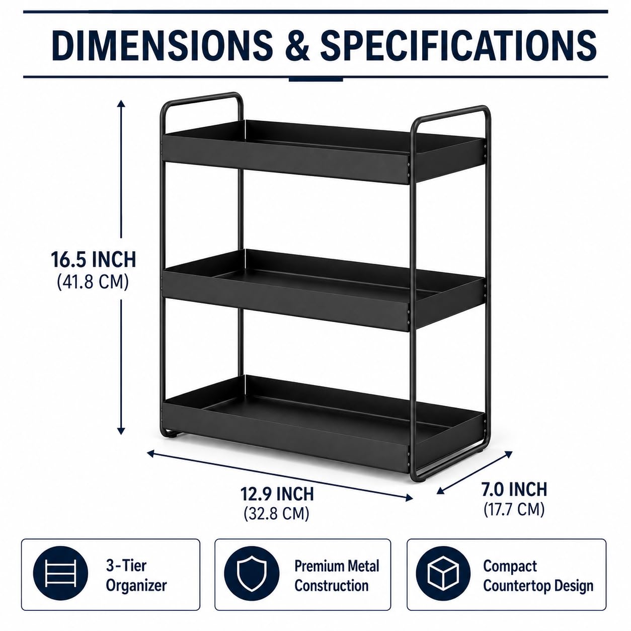 Homeor 3-Tier Metal Countertop Organizer | Heavy Duty Standing Rack for Kitchen Spice Storage & Bathroom Vanity | Multi-Purpose Shelf For Kitchen, Cosmetic & Toiletry Display Shelf, Black image 3