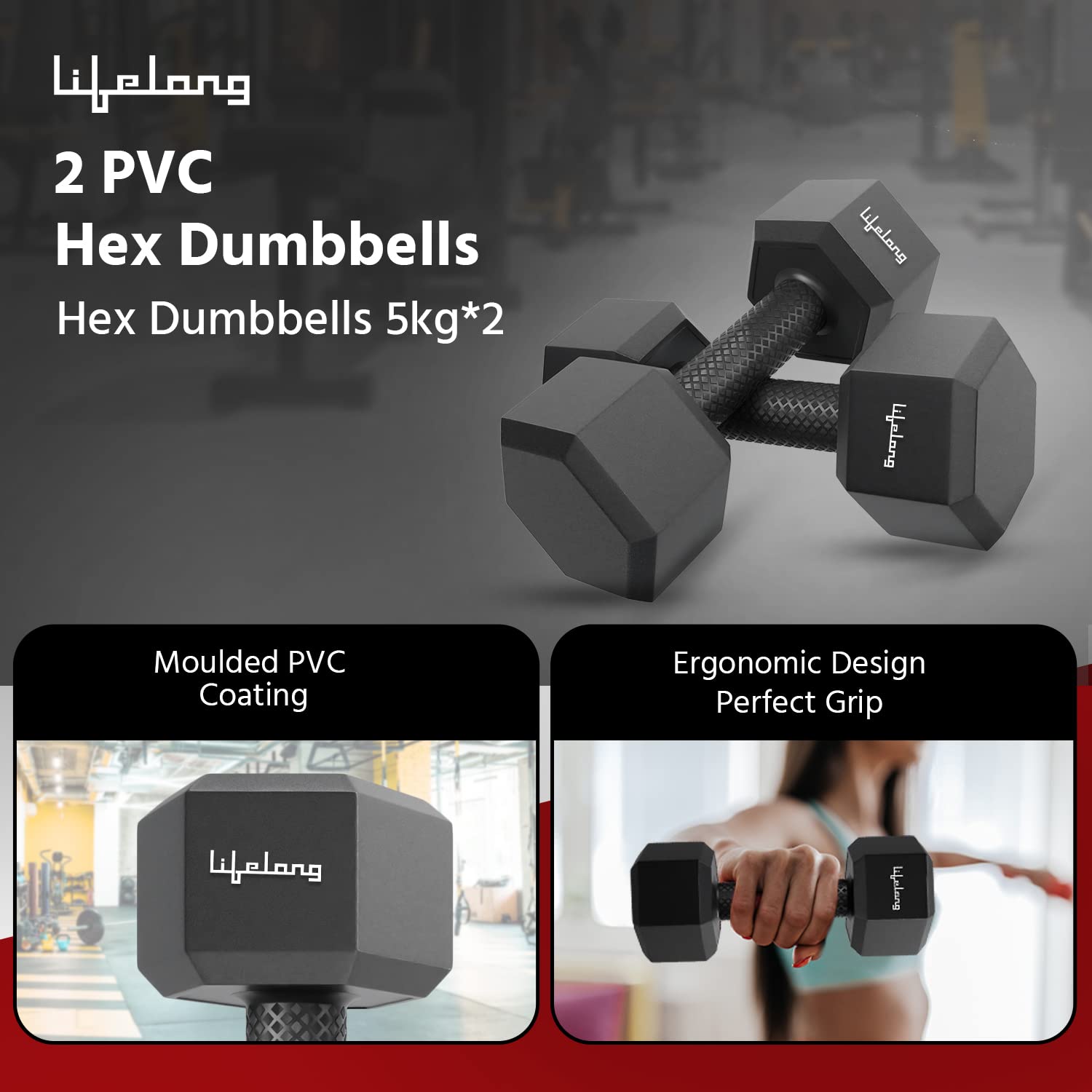 Lifelong PVC Hex Dumbbells Pack of 2 (5kg*2) Black Color for Home Gym Equipment Fitness Barbell|Gym Exercise|Home Workout, Gym Dumbbells|Dumbbells Weights for Men & Women (6 Months Warranty) image 4