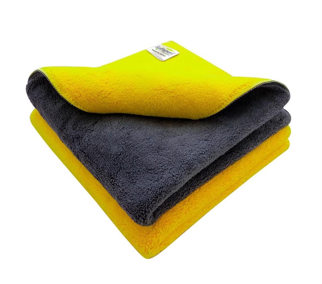 SOFTSPUN 900 GSM, Microfiber Cloth Yellow+Grey Towel Set 40X40cms 2 Piece Towel Set Extra Thick Microfiber Cleaning Cloths Perfect for Bike Auto Cars Both Interior and Exterior.