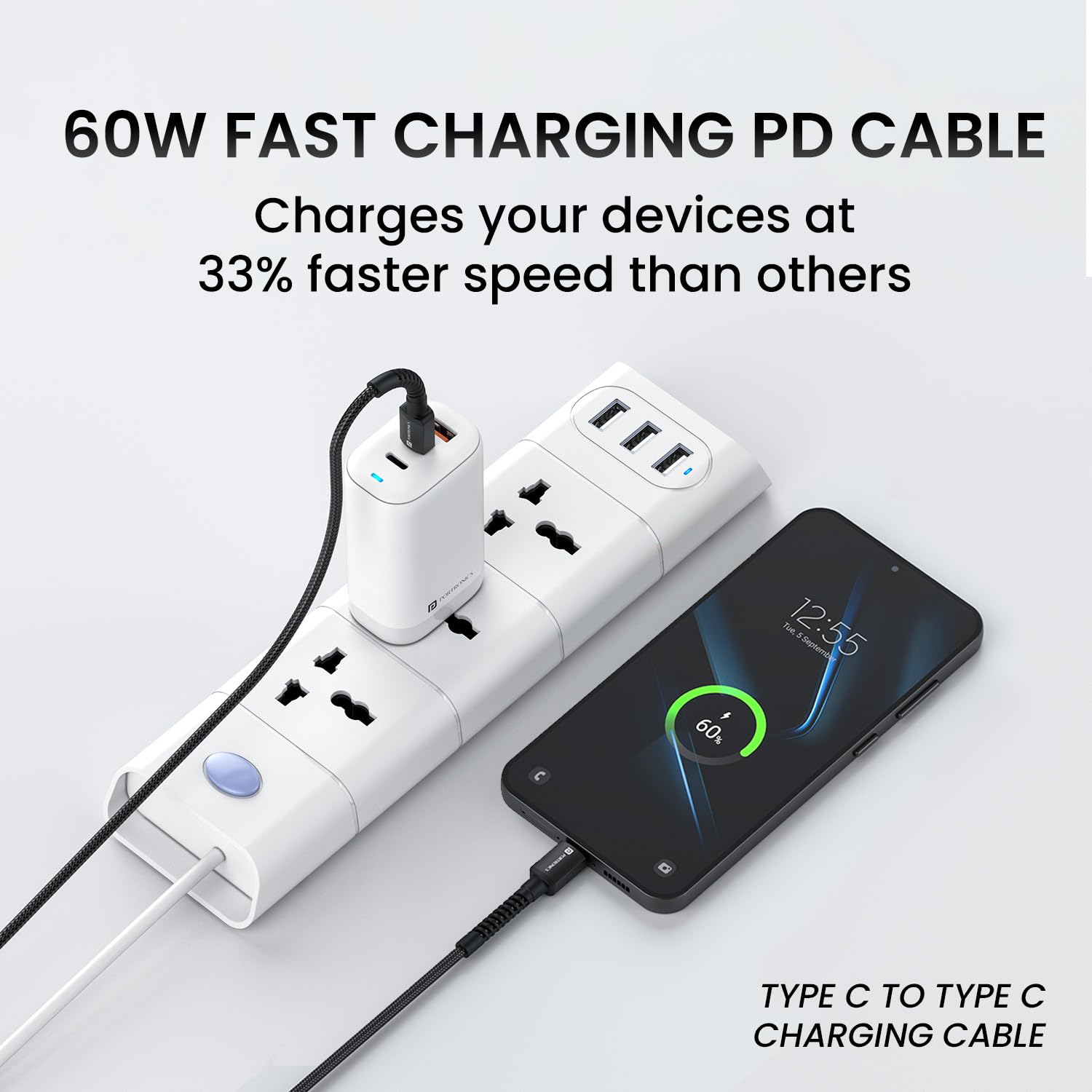 Portronics Konnect X 60W Type C to Type C Unbreakable Nylon Braided Cable, 1M Fast Charging Cable for iPhone 15 series, iPad, Samsung Galaxy & other Type C Devices(Black) image 5