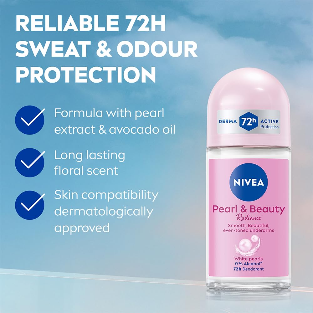 NIVEA Women Pearl & Beauty Radiance Deodorant Roll On | Underarm Deodorant with Pearl Extract & Avocado Oil for Smooth, Beautiful & Even-Toned Underarms | 72H Odour Protection, 0% Alcohol, 50 ml image 3