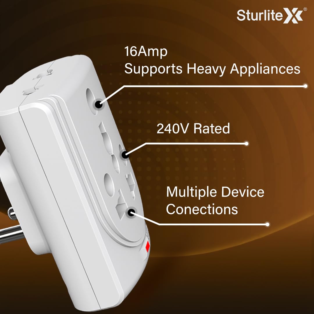 Sturlite Konvert Multiplug| 6-16 Amp| 2-Pin & 3-Pin Socket| Universal AC Travel Adapter| Premium Polycarbonate Body Socket| Compact Converter Plug for Travel, Home & Office Use - Pack of 1 image 3