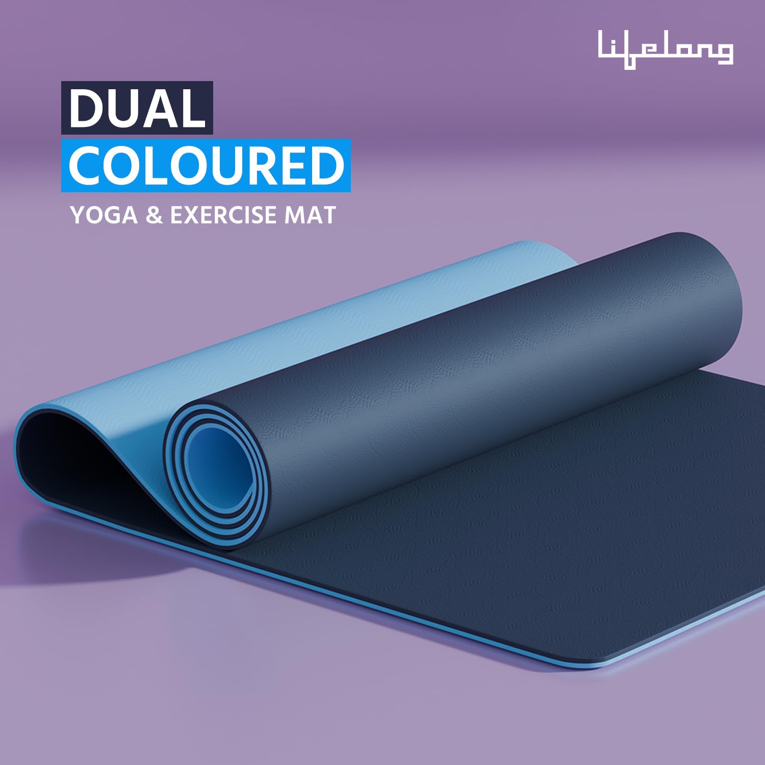 Lifelong 6mm Dual Color TPE Material Anti-Slip Yoga Mat for Home, Gym, Yoga, Workout and Exercise for Women & Men (6 Months Warranty,Llym115), Navy Blue/Blue image 2