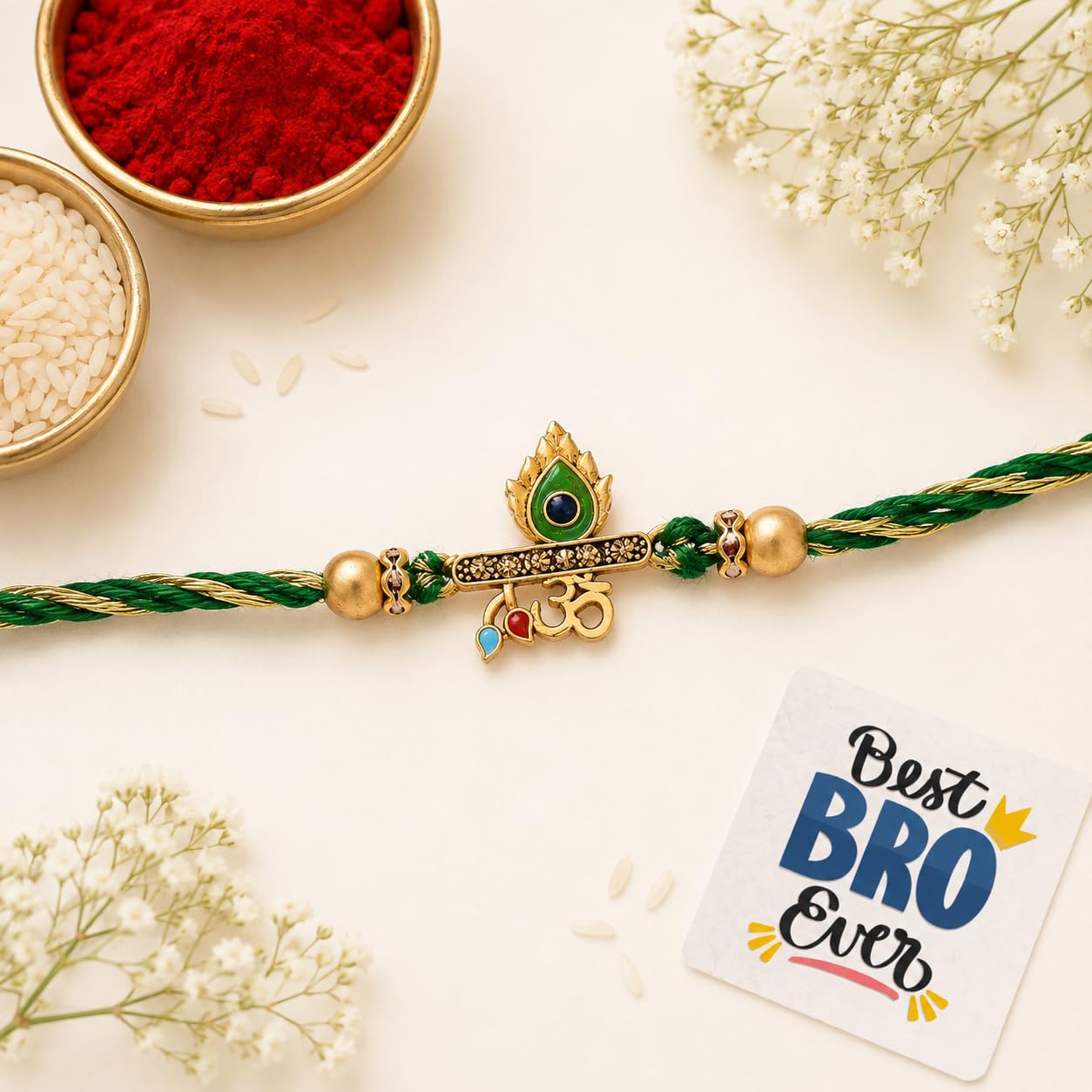 eCraftIndia Green & Golden Om & Peacock Feather Religious Designer Rakhi with Roli Chawal Pack and Best Bro Ever Fridge Magnet - Rakhi for Brother, Bhaiya, Bhai