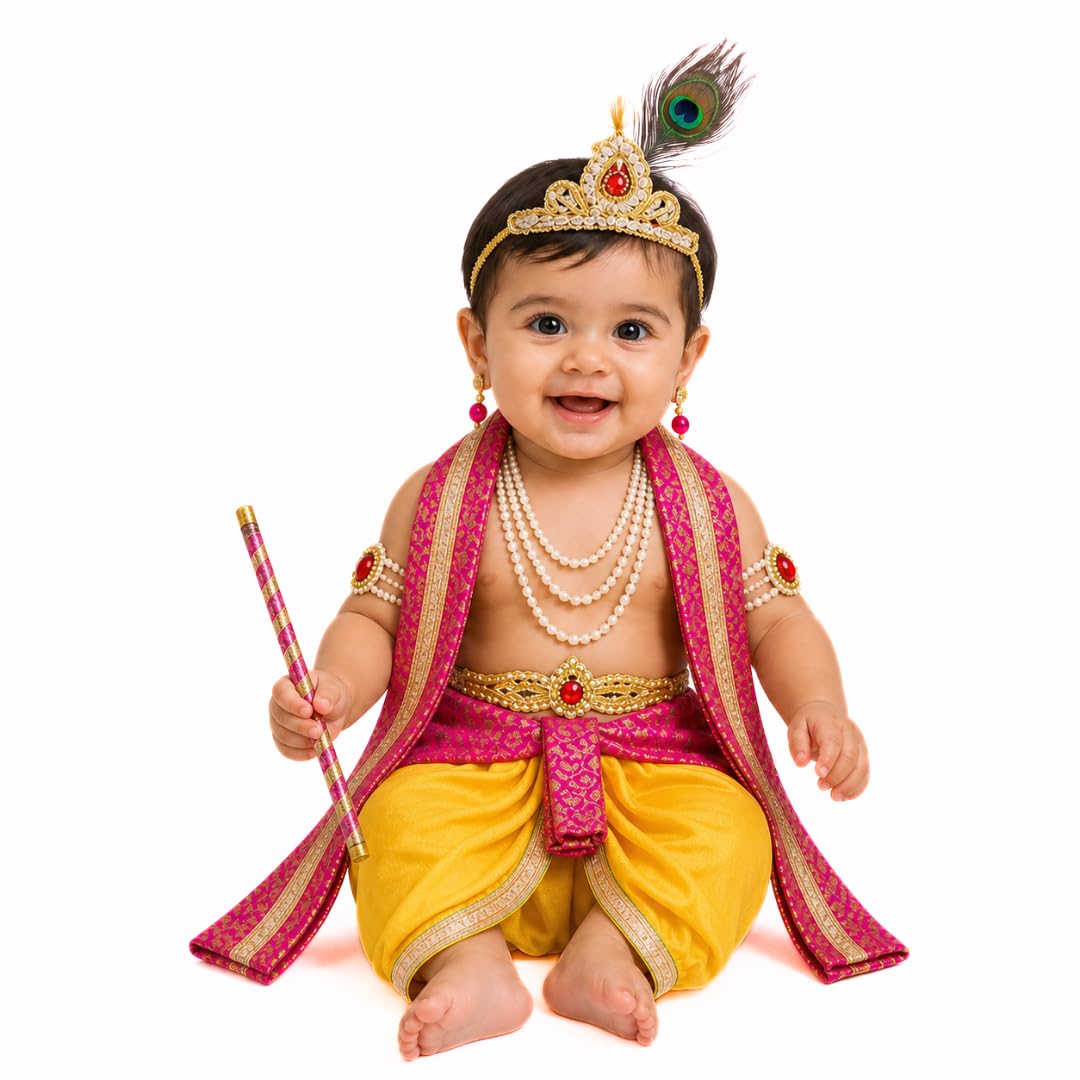 ITSMYCOSTUME Krishna Dress for Baby Boy Kids Set of 10(Dhoti,Patka,Hip Cover,Mukut,Morpankh,Bansuri,Kamarband,Bajuband,Kundal) Little Krishna Ji Kanha Janmasthmi Costume for Kids