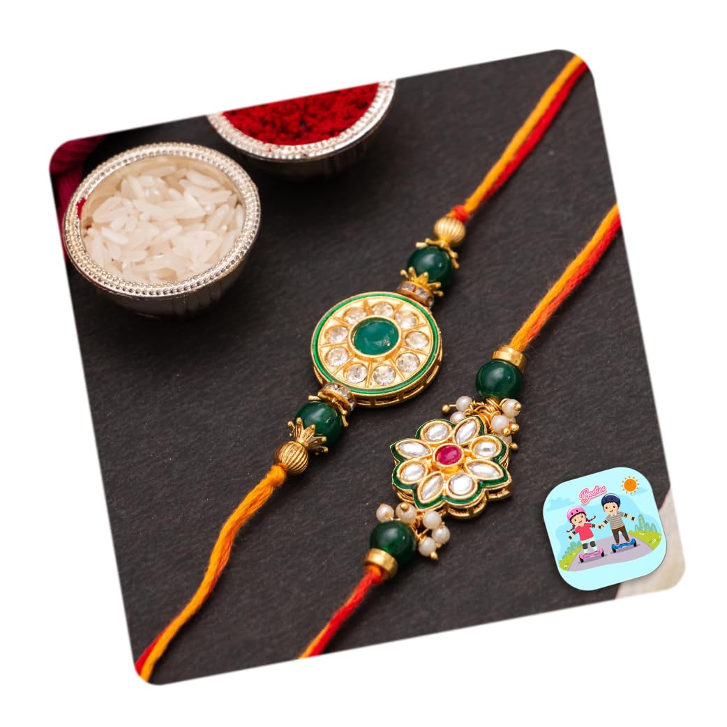 CraftVatika Rakhi for Brother Set of 2 with Fridge Magnet Gift Floral Kundan Rakhis for Bhaiya Bhai Boy Men Raksha Bandhan Designer rakhi Meenakari Rakhis, Rakheei with Fridge Magnet Gift