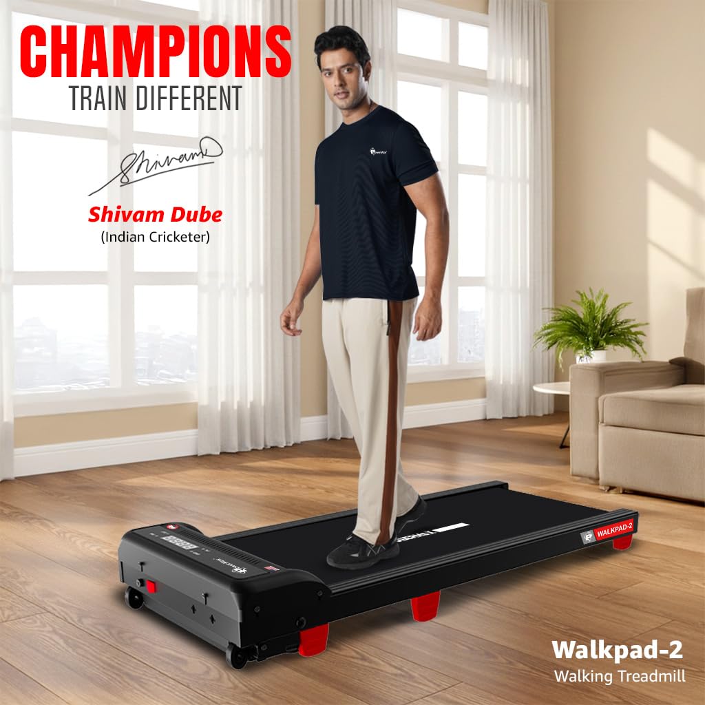 PowerMax Fitness WalkPad-2 Under Desk Walking Pad Treadmill for Home Use|3.0 HP Motor|Compact Design with Manual Incline|Shock Absorption System|110 kg Capacity|LED Display|Remote Control (Red Black) image 2