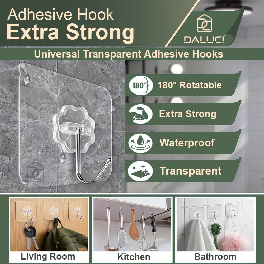 DALUCI Self Adhesive Wall Hooks - 20 Pcs Heavy Duty Wall Hooks for Hanging | Nail Free Sticky Hooks for Wall Heavy Items Without Drilling, Transparent Wall Hanger Hook (Flower Hook, 20) image 2