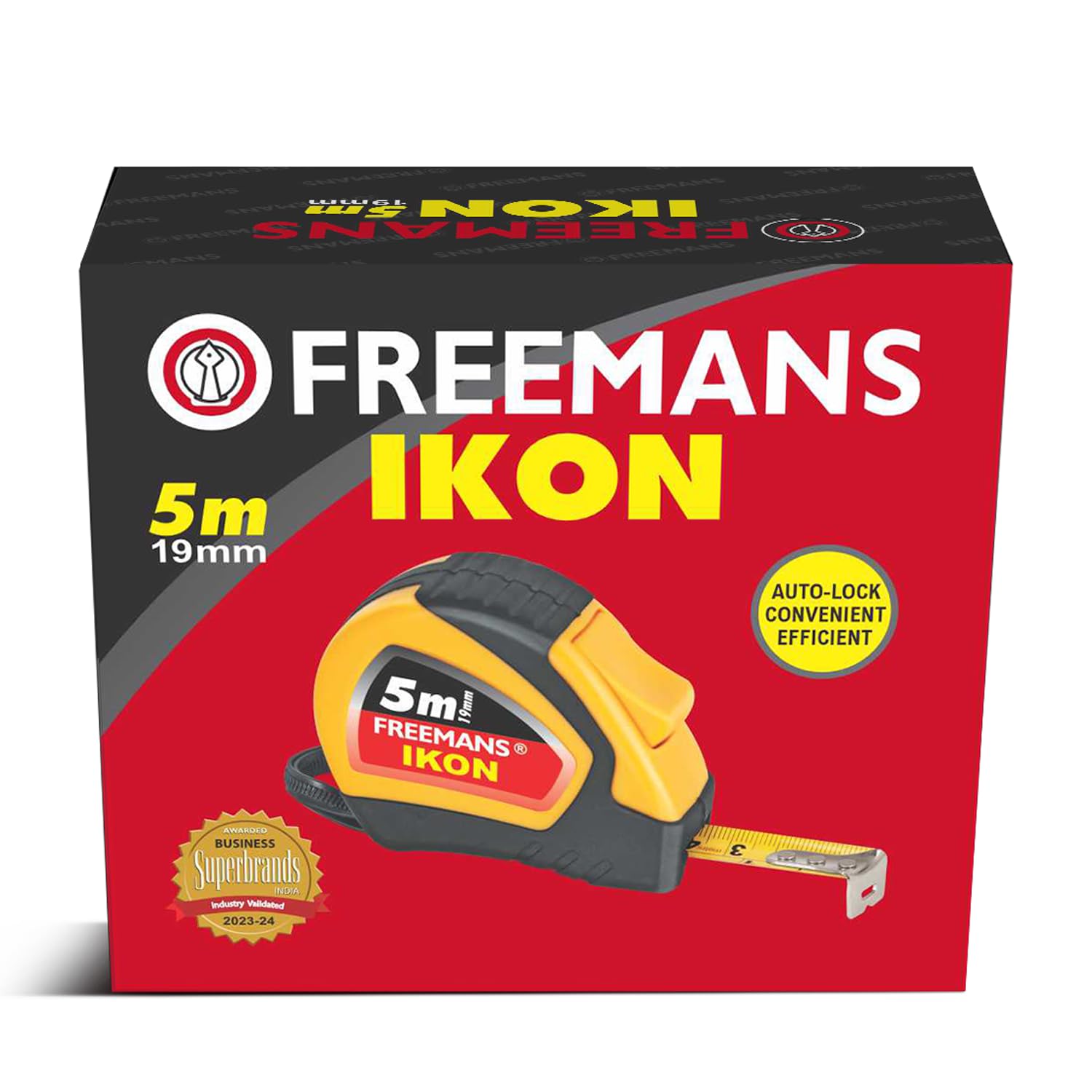 FREEMANS IKON 5m:19mm Steel Inchi Measuring Tape - 5m (Yellow & Black) With Unbreakable ABS case || Soft Grip Bi-material Case || Auto-lock and Belt Clip image 2