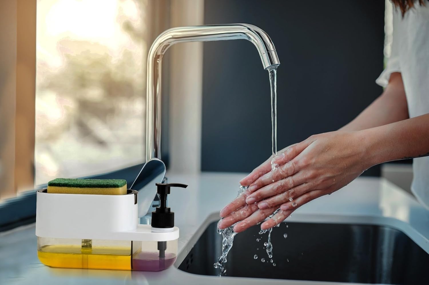 RERANT Plastic 3 in 1 Soap Pump Dispenser Dish Soap Liquid Dispenser Sponge Holder Dish Soap Pump Dispenser for Kitchen Sink Countertop Kitchen Bathroom (Multi-Color) (Multicolour) image 2