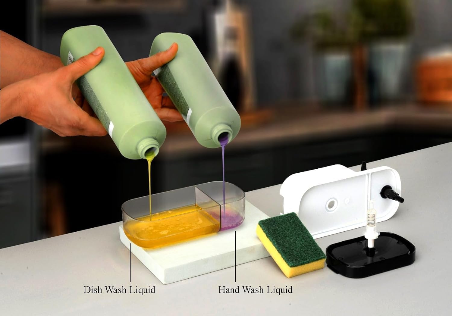 RERANT Plastic 3 in 1 Soap Pump Dispenser Dish Soap Liquid Dispenser Sponge Holder Dish Soap Pump Dispenser for Kitchen Sink Countertop Kitchen Bathroom (Multi-Color) (Multicolour) image 3