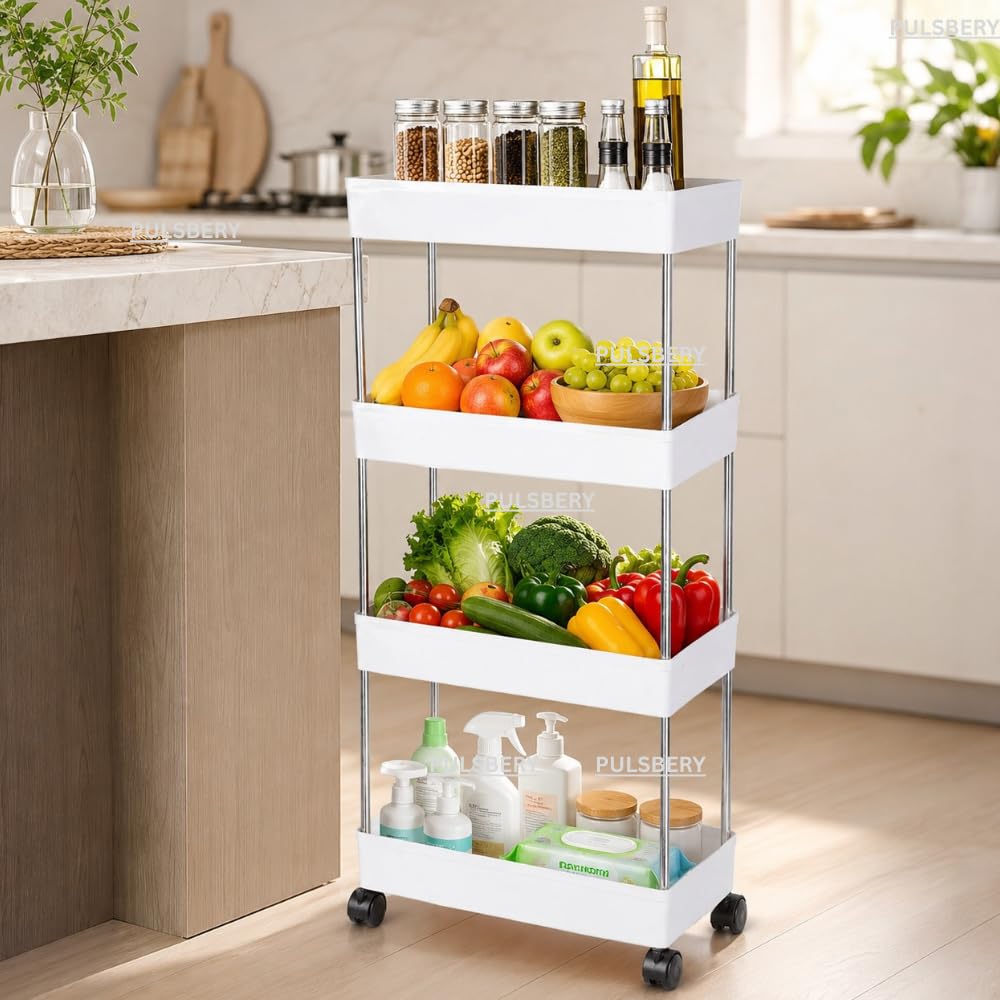 Multipurpose Storage Organizer Slim Rack Shelf with Wheels for Living Room, Office, Bedroom, Bathroom, Kids Room, Kitchen Trolley (White, 4 Layer) Plastic