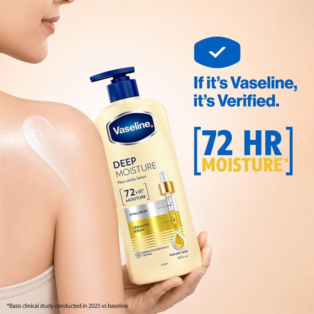 Vaseline Deep Moisture Body Lotion with Ceramide Hyaluron Fillers | 10X More Moisture for Cushion Soft Glowing Skin | For Dry Skin | Lightweight Non-Sticky Formula | 600ml image 4