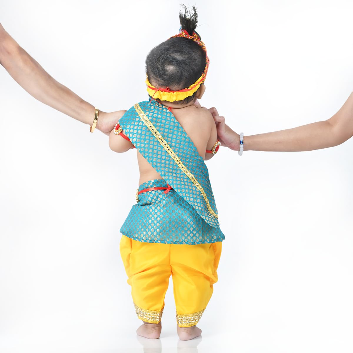 ITSMYCOSTUME Krishna Dress for Baby Boy Kids Set of 10(Dhoti,Hip Cover,Patka,Mukut,Morpankh,Bansuri,Kamarband,Bajuband,Kundal) Little Krishna Ji Kanha Janmasthmi Costume image 2