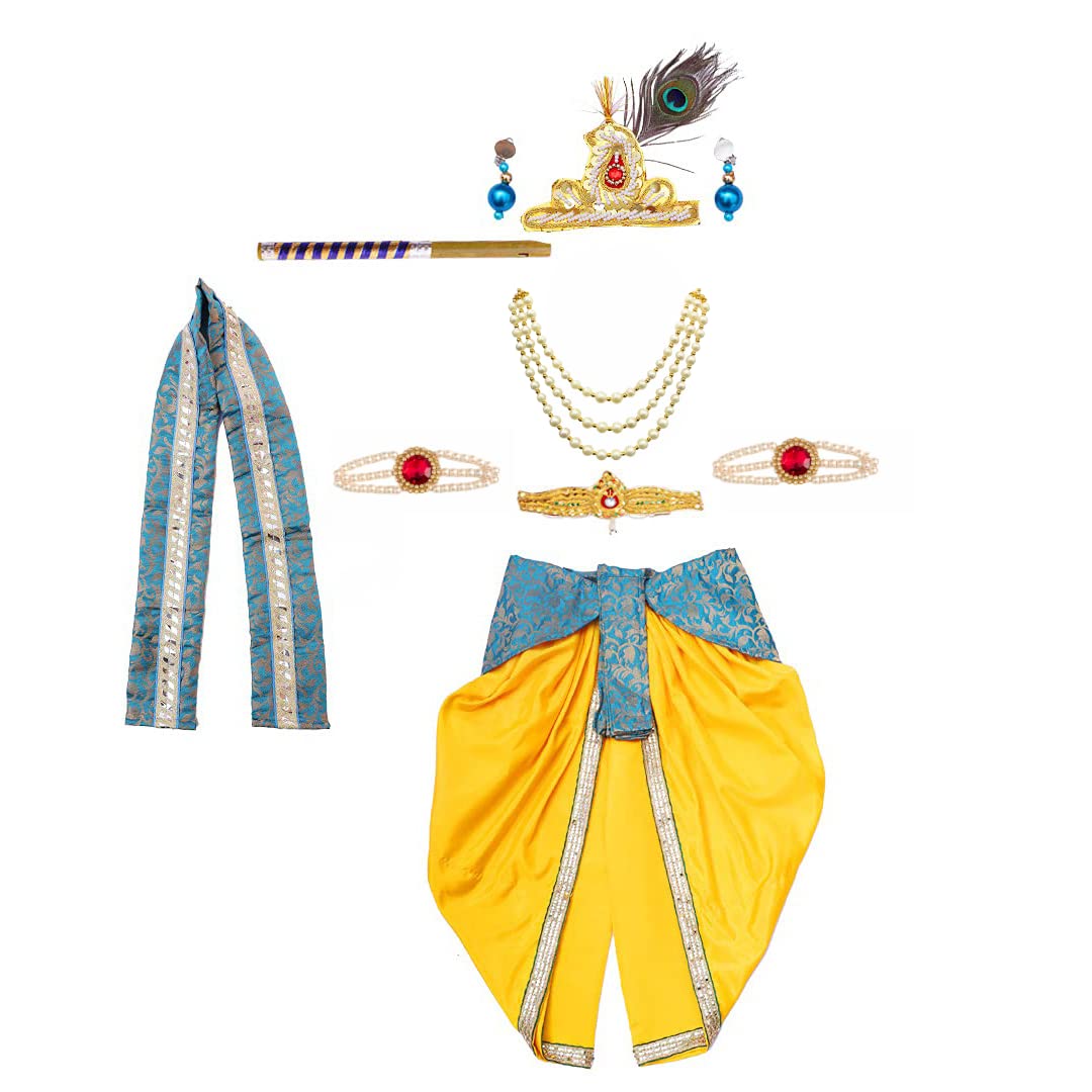 ITSMYCOSTUME Krishna Dress for Baby Boy Kids Set of 10(Dhoti,Patka,Hip Cover,Mukut,Morpankh,Bansuri,Kamarband,Bajuband,Kundal) Little Krishna Ji Kanha Janmasthmi Costume for Kids image 4