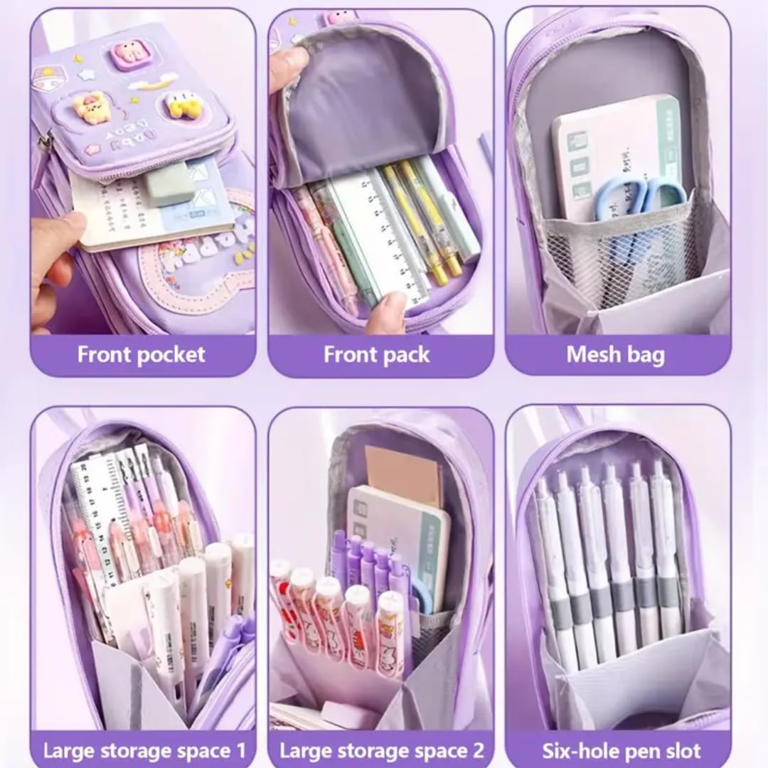Supreme Deals Canvas Premium Pencil Case, 6 Layer, 3 Compartments, Large Capacity, Cute Aesthetic Design For Girls, Multifunctional Pouch For School Kids, purple image 4