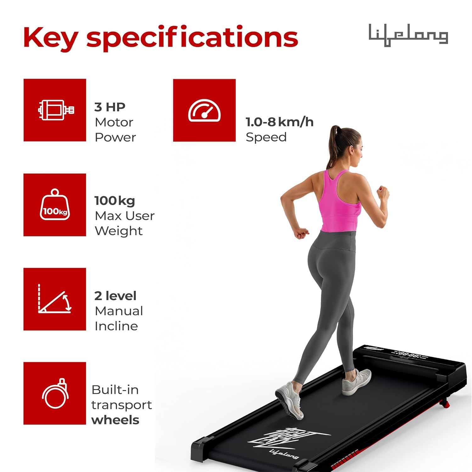 Lifelong Walking Pad Treadmill | 3 HP Brushless Motor | 2-Level Manual Incline | LED Display | Foldable Design | Remote Control | 110 Kg Capacity | 8 Km/h Speed | Home Fitness Walking Machine LLTM183 image 3