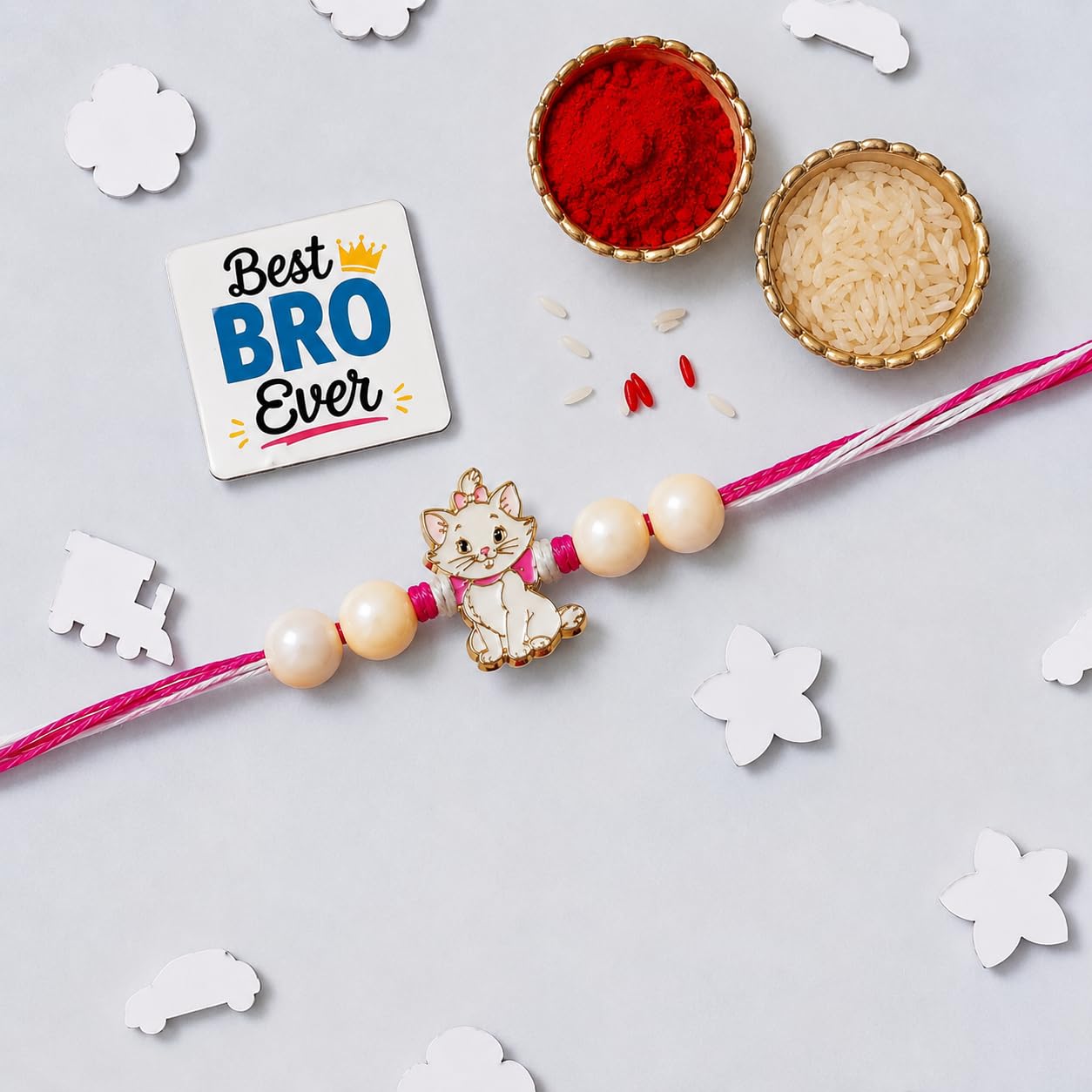 eCraftIndia Pink and White Marie Cute Cat with Beads Designer Pet Rakhi for Kids & Brother with Roli Chawal Pack | Cartoon Theme Raksha Bandhan Rakhi Gift Set