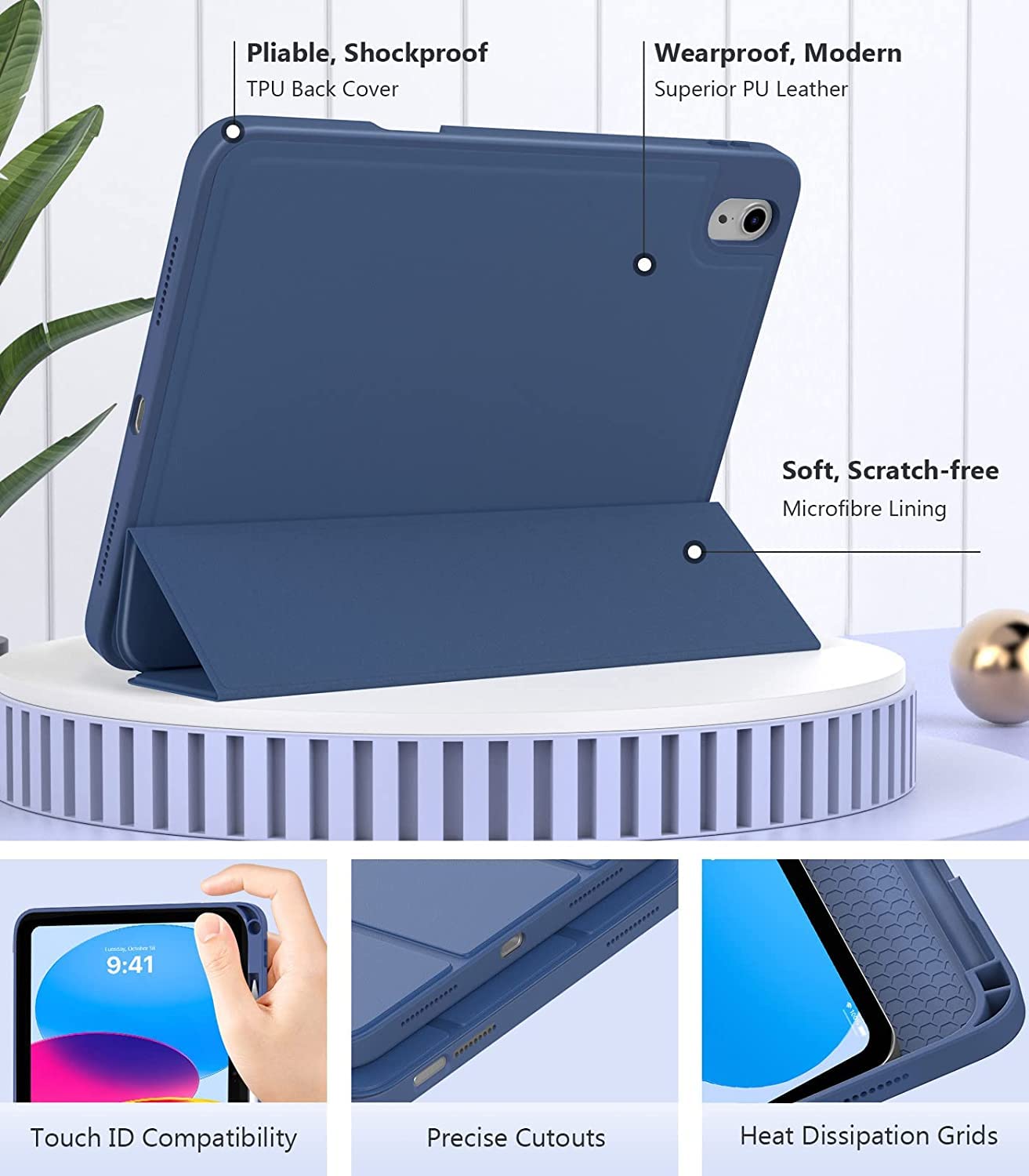 ProElite Smart Case for iPad (A16) 11th/10th Generation (2025/2022) [Auto Sleep/Wake Cover] [Pencil Holder] [Soft Flexible Case] Recoil Series for Apple iPad 10th/11th Gen - Dark Blue image 5