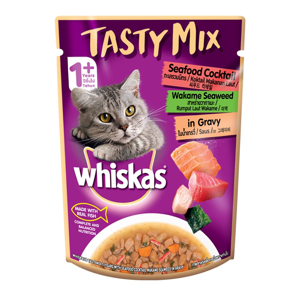 Whiskas Tasty Mix Wet Food for Adult Cats (1+ year), Made With Real Fish, Seafood Cocktail Wakame Se image 2
