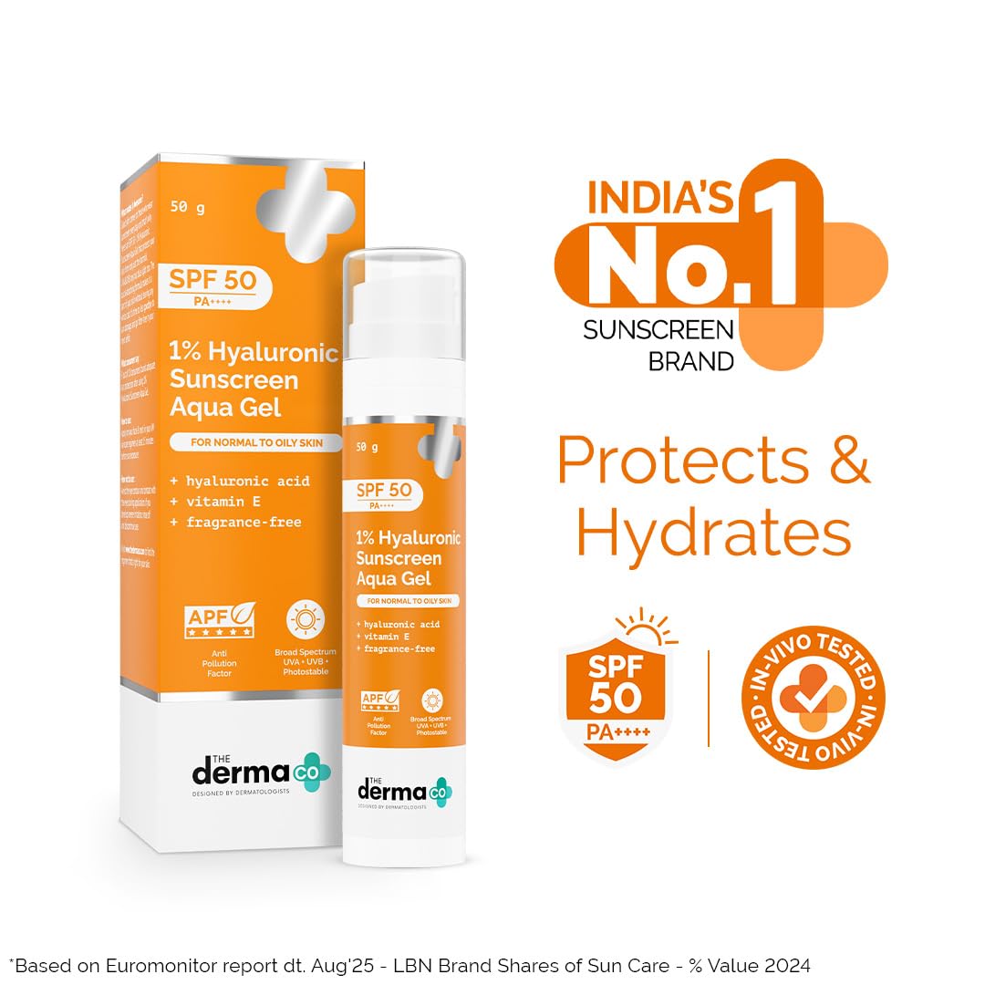 The Derma Co 1% Hyaluronic Sunscreen Aqua Gel SPF 50 PA++++ | Hydrating, Lightweight & Non-Greasy | No White Cast | Broad Spectrum & Blue Light Protection | Clinically Tested - (In-Vivo) | 50 g image 2