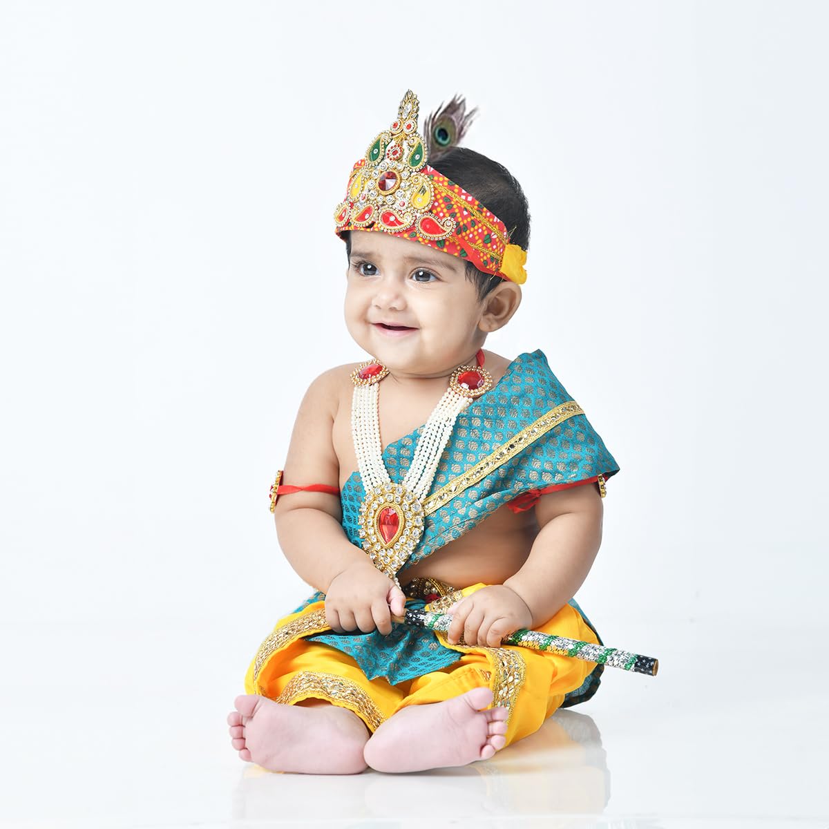 ITSMYCOSTUME Krishna Dress for Baby Boy Kids Set of 10(Dhoti,Hip Cover,Patka,Mukut,Morpankh,Bansuri,Kamarband,Bajuband,Kundal) Little Krishna Ji Kanha Janmasthmi Costume image 5