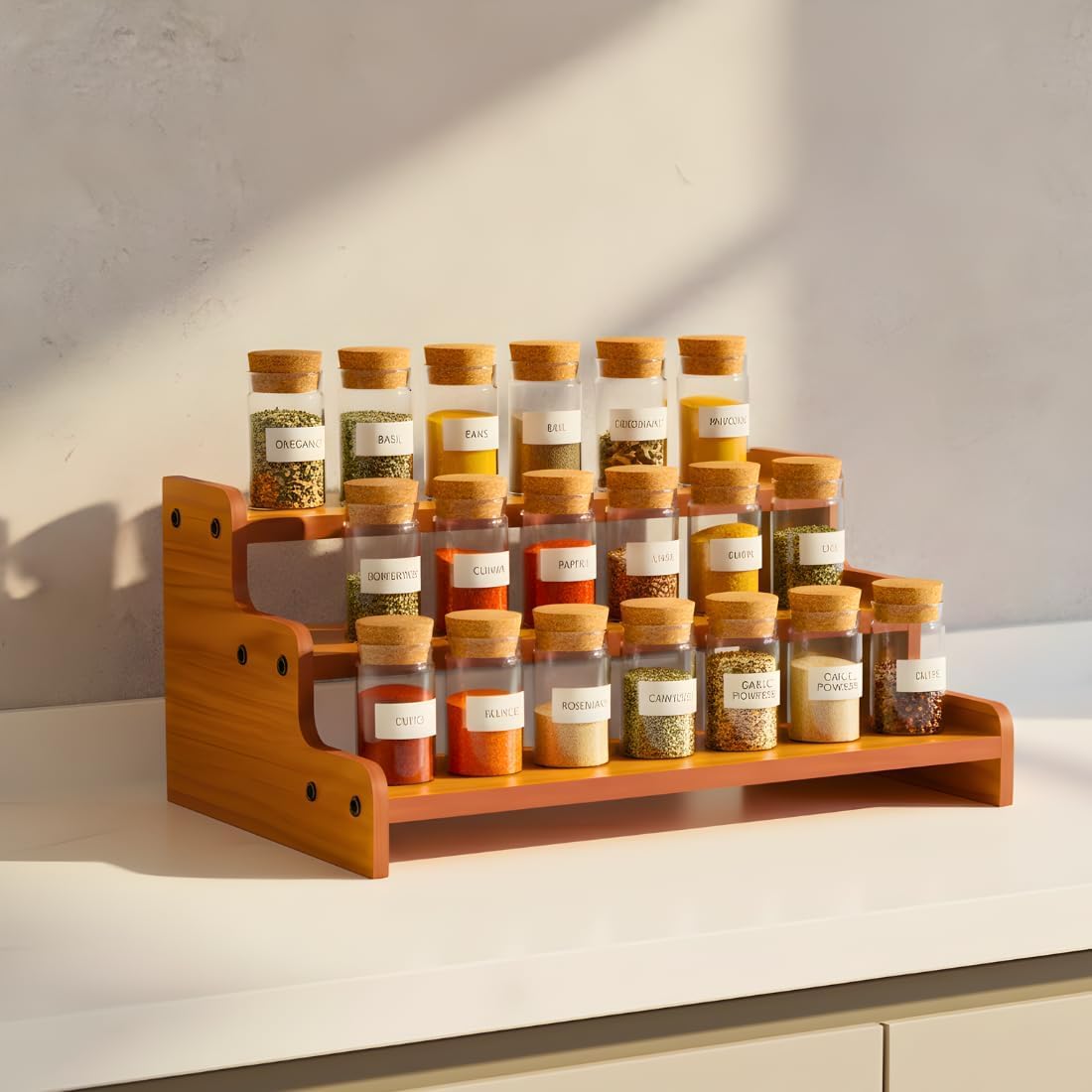 3-Tier Wood Step Spice Shelf, 13.8 Inch Kitchen Countertop Organizer for Spice Jars & Bottles, Pantry Cabinet Storage Rack for Seasonings, Herbs & Baking Essentials image 2