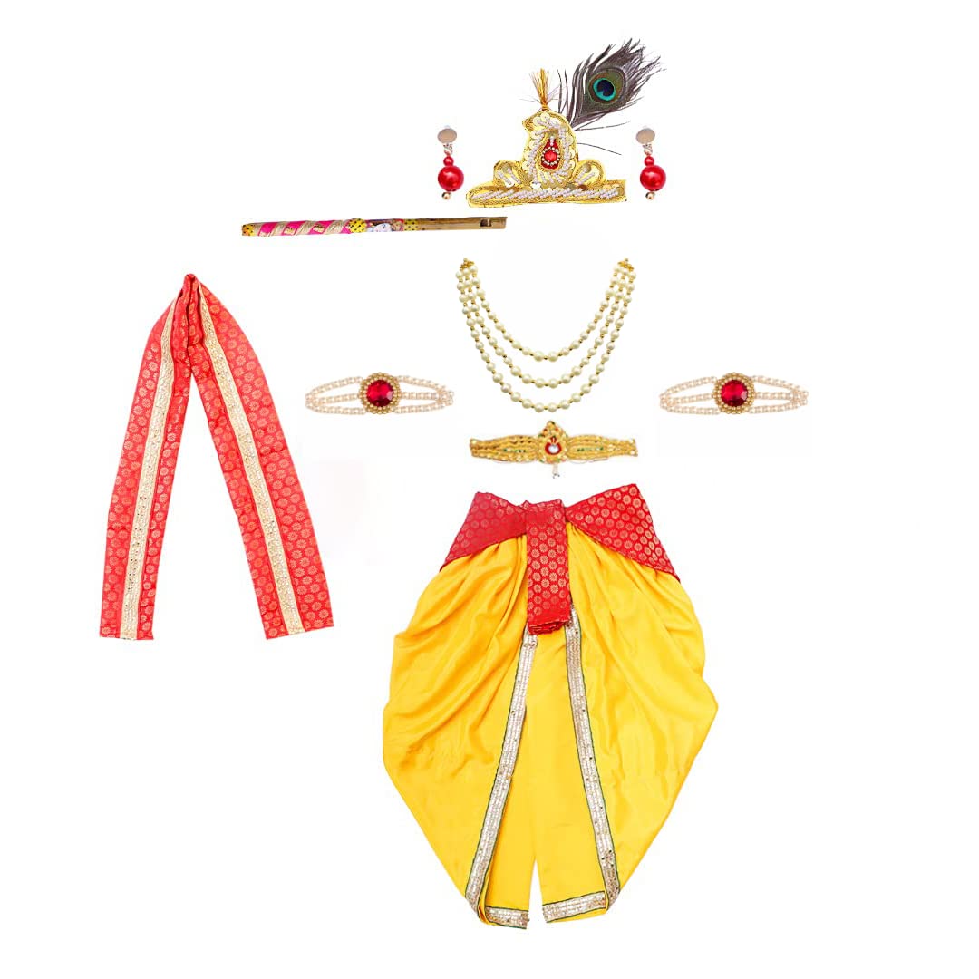 ITSMYCOSTUME Krishna Dress for Baby Boy Kids Set of 10(Dhoti,Patka,Hip Cover,Mukut,Morpankh,Bansuri,Kamarband,Bajuband,Kundal) Little Krishna Ji Kanha Janmasthmi Costume for Kids image 3