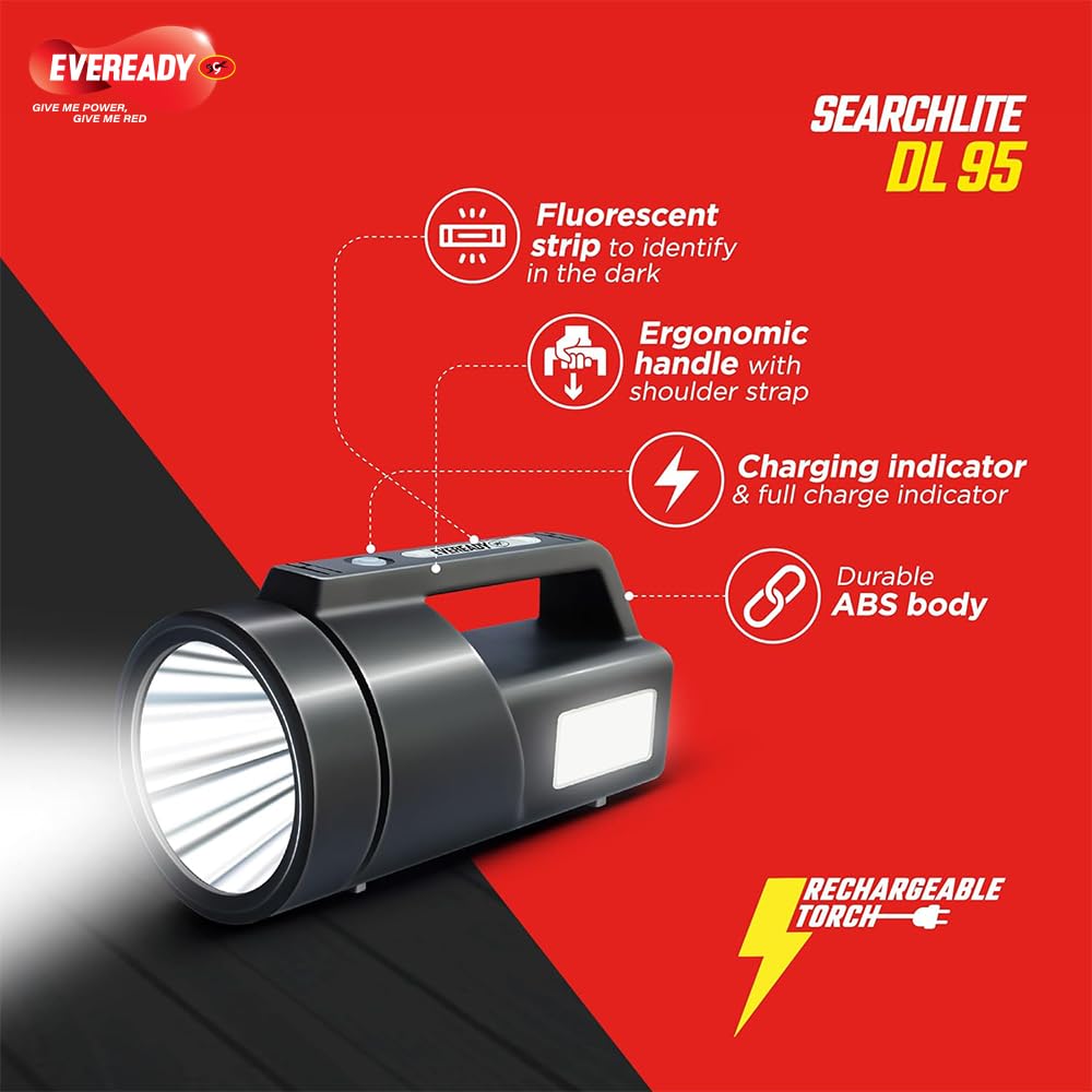 EVEREADY SEARCHLITE DL95, Rechargeable 4W Torch Cum 4W Emergency Sidelight, Type-C USB Fast Charging, Glow-in-THE-Dark Strip, Overcharge & Deep Discharge Protection | Fluorescent image 3