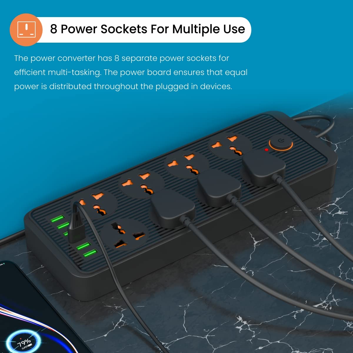 Portronics Power Plate 7 with 6 USB Port + 8 Power Sockets Smart Electric Universal Extension Board Multi Plug with 2500W, 2Mtr Cord Length, 2.1A USB Output(Black) image 3