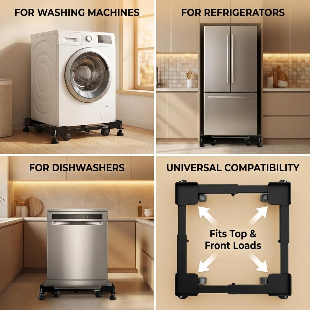 Hipkoo Adjustable Washing Machine Stand with Wheels | Heavy Duty Steel Trolley for 7–12 Kg Top/Front Load Washer, Fridge & Dishwasher, 360° Rotating Wheels, Anti-Vibration Pads, 170 kg Capacity, Black image 3