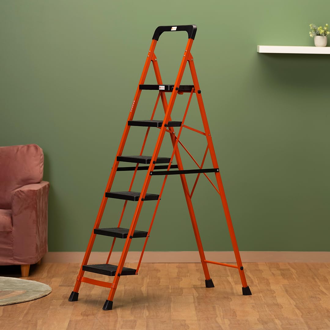 BonKaso Climb Easy 6 Step Heavy Duty Foldable Steel Kitchen Ladder for Home, Office & Outdoor Use with Anti-Slip Wide Durable Plastic Steps, Support Handle & Tool Tray (Orange & Black) image 5