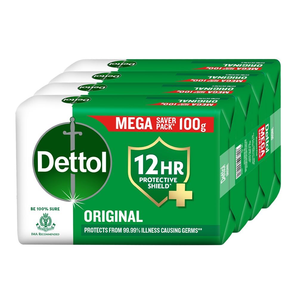 Dettol Original Bathing Soap Bar with 12 HR Protective Shield (400gm) | Kills 99.99% Germs, 100g (Pack of 4)
