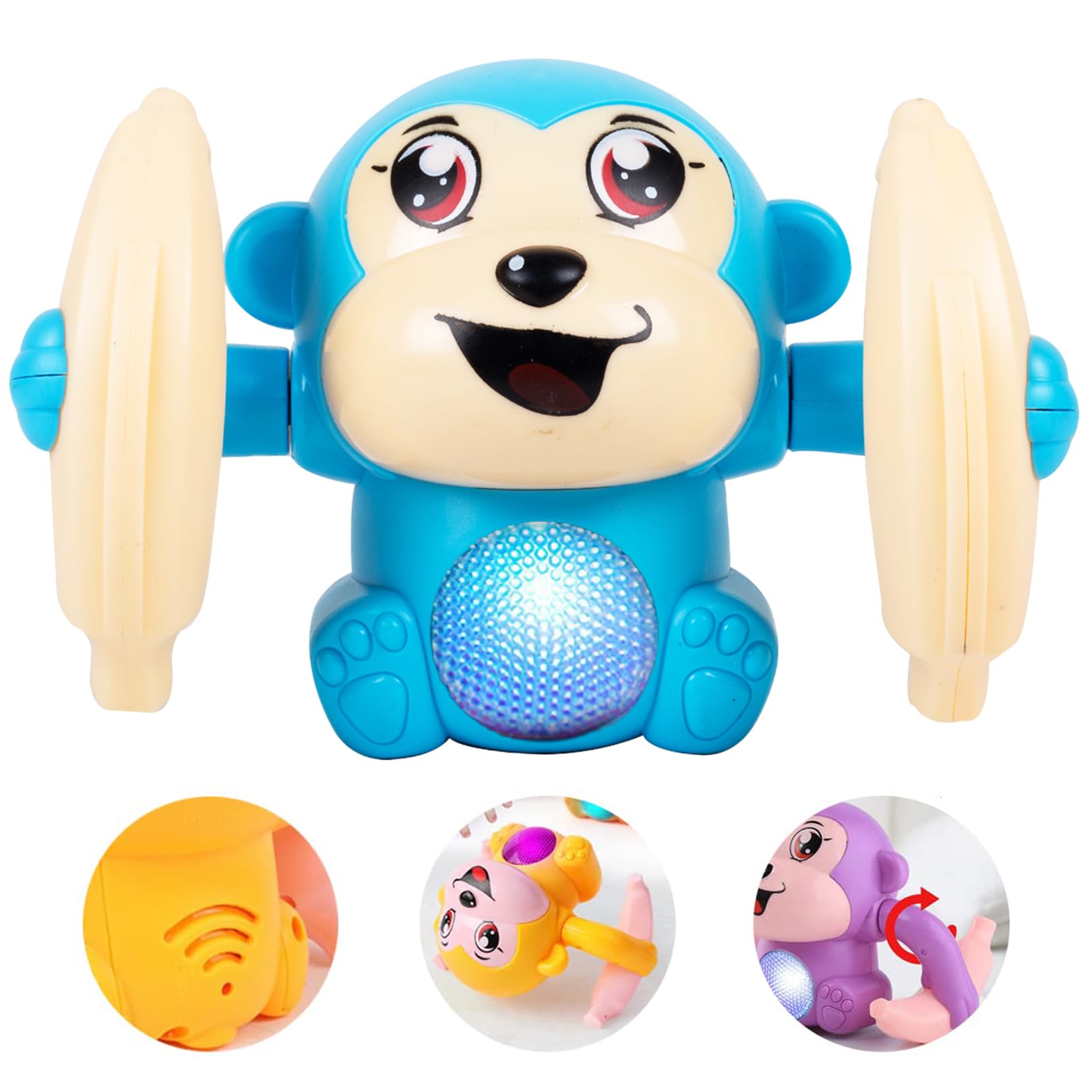 Gooyo GY-2029 Voice Control Banana Dancing Monkey Toy | Spinning, Rolling and Tumbling Toy for Kids with Bright LED Lights & Sound Effects | Blue | 3xAAA Battery (Not Included)
