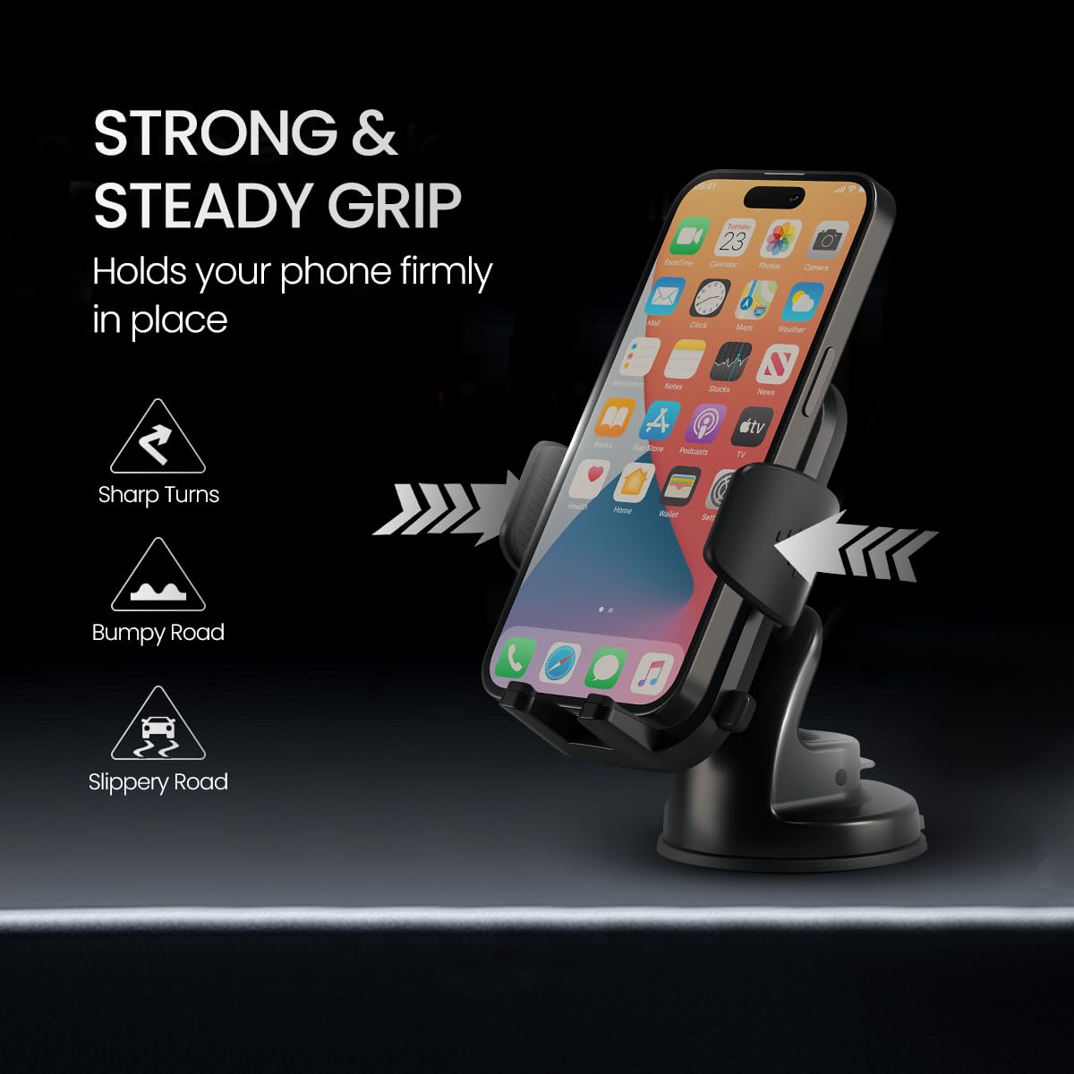 Portronics Clamp M4 Car Phone Holder Stand with 360 Degree Rotation, Strong Grip, Suction Cup Mount, Single Hand Use, Shockproof Build, Mobile Stand for Car (Black) image 2