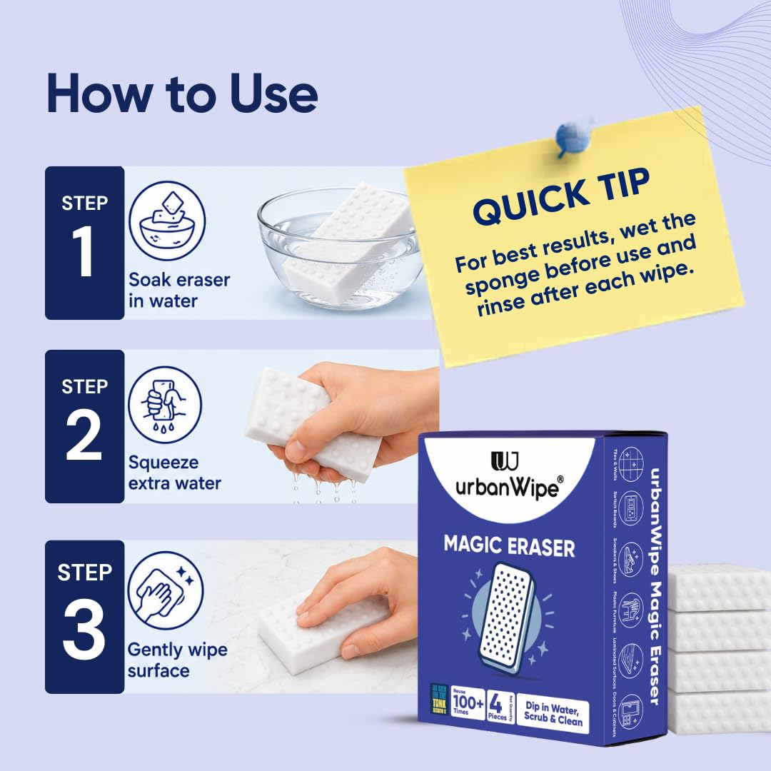 UrbanWipe Magic Eraser Cleaning Sponge | Pack of 4 | Powerful Multi-Purpose Stain Remover | No Chemicals Required | Effortlessly Cleans Walls, Kitchens, Bathrooms, Shoes, Switch Boards & More image 3